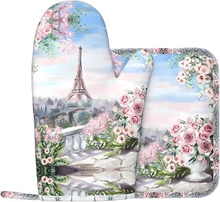 Oven Mitts and Pot Holders Set, Non-Slip Heat Resistant Silicone Oven Mitts, Funny Printed Hot Pads for Kitchen Grilling Cooking Baking (Eiffel Tower Paris View)