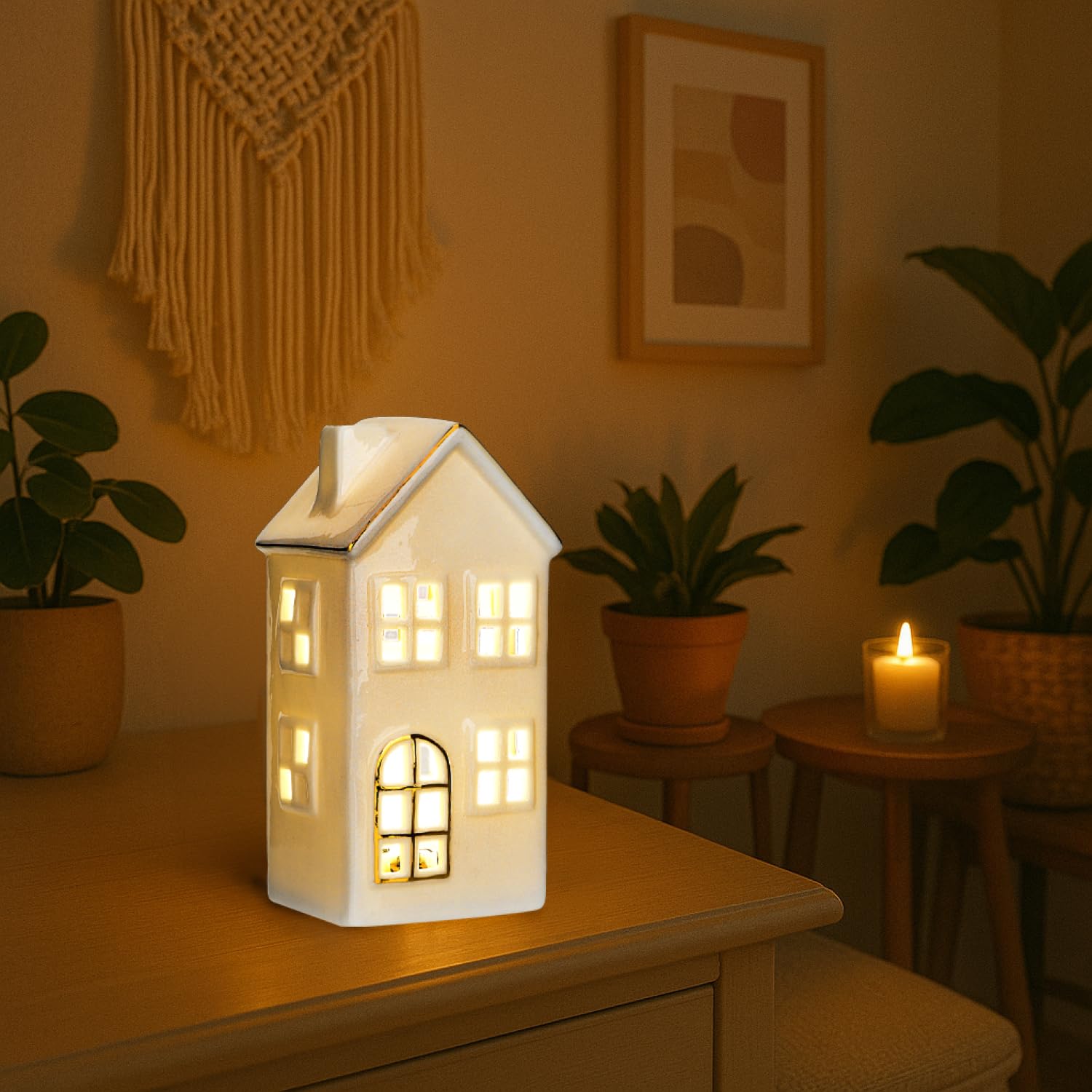 COM-FOUR® Domek LED z porcelany - latarnia na baterie - biala blyszczaca dekoracyjna latarnia do dekoracji zimowych i swiatecznych (Domek - 15cm)