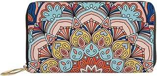Carteiras femininas de couro genuíno florescendo mandala motivo porta-cartão de crédito estojo com zíper organizador de bolsa feminina longa de viagem, Motivo de flores de mandala florescendo, 7x4.3x0.8 Inches