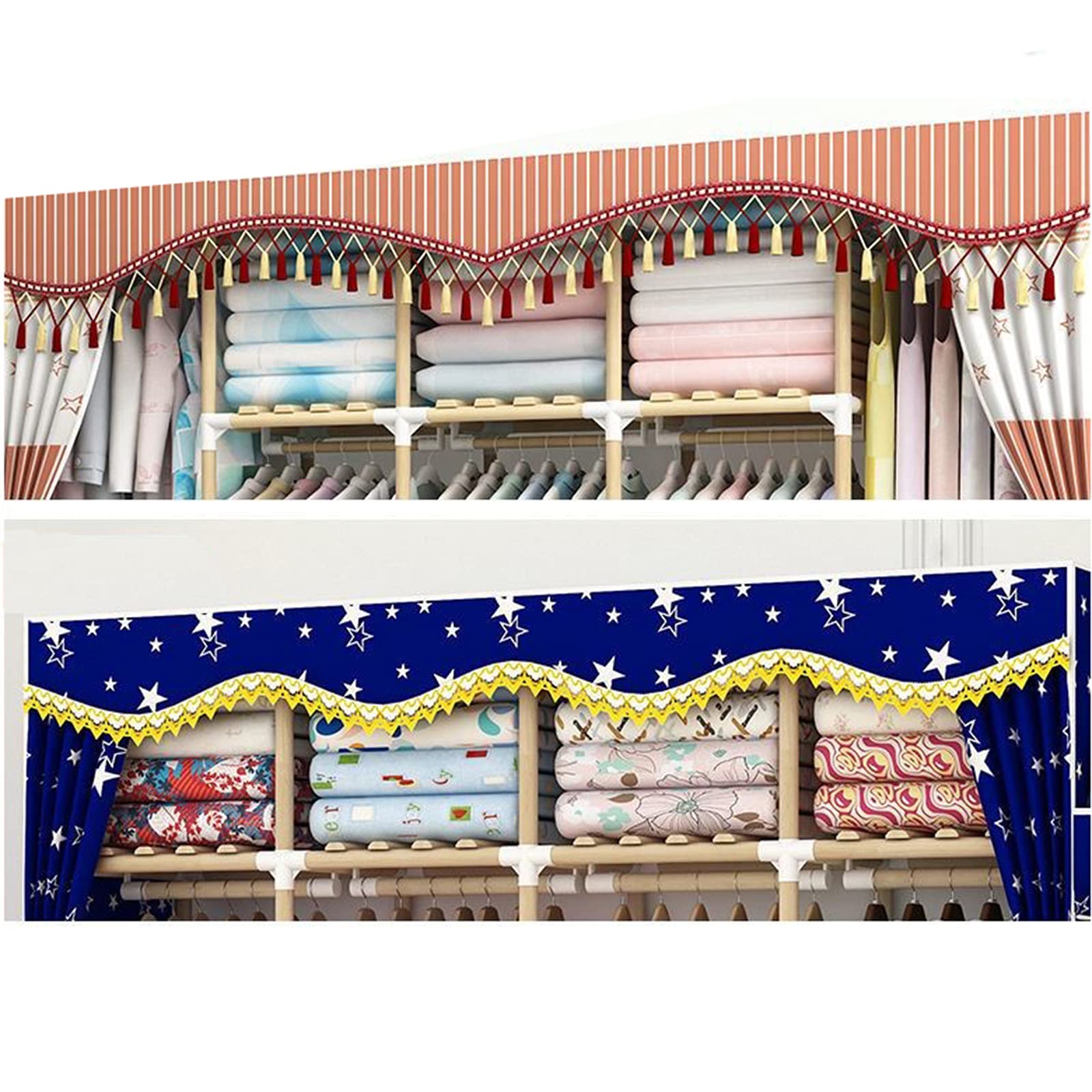 Armario Plegable con borlas, Dormitorio portátil, Armario de Tela para Dormitorio, Barra de Ropa de Madera Maciza, Organizador de Almacenamiento para Colgar