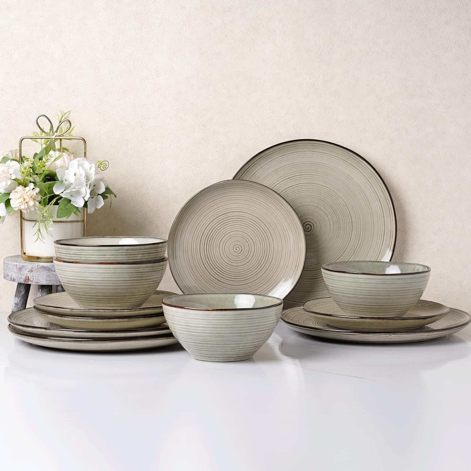 famiware plates and bowls sets for 4, 12 pieces stoneware dinnerware sets, dishes set, reactive glaze dishware sets, dishwasher & microwave safe, tempus series - castle wall