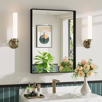 22x30 Inch Black Bathroom Mirror, Metal Framed Vanity Mirror, Bathroom Wall Mirrors for Over Sink, Rectangle Mirror HD Tempered Glass, Horizontally or Vertically