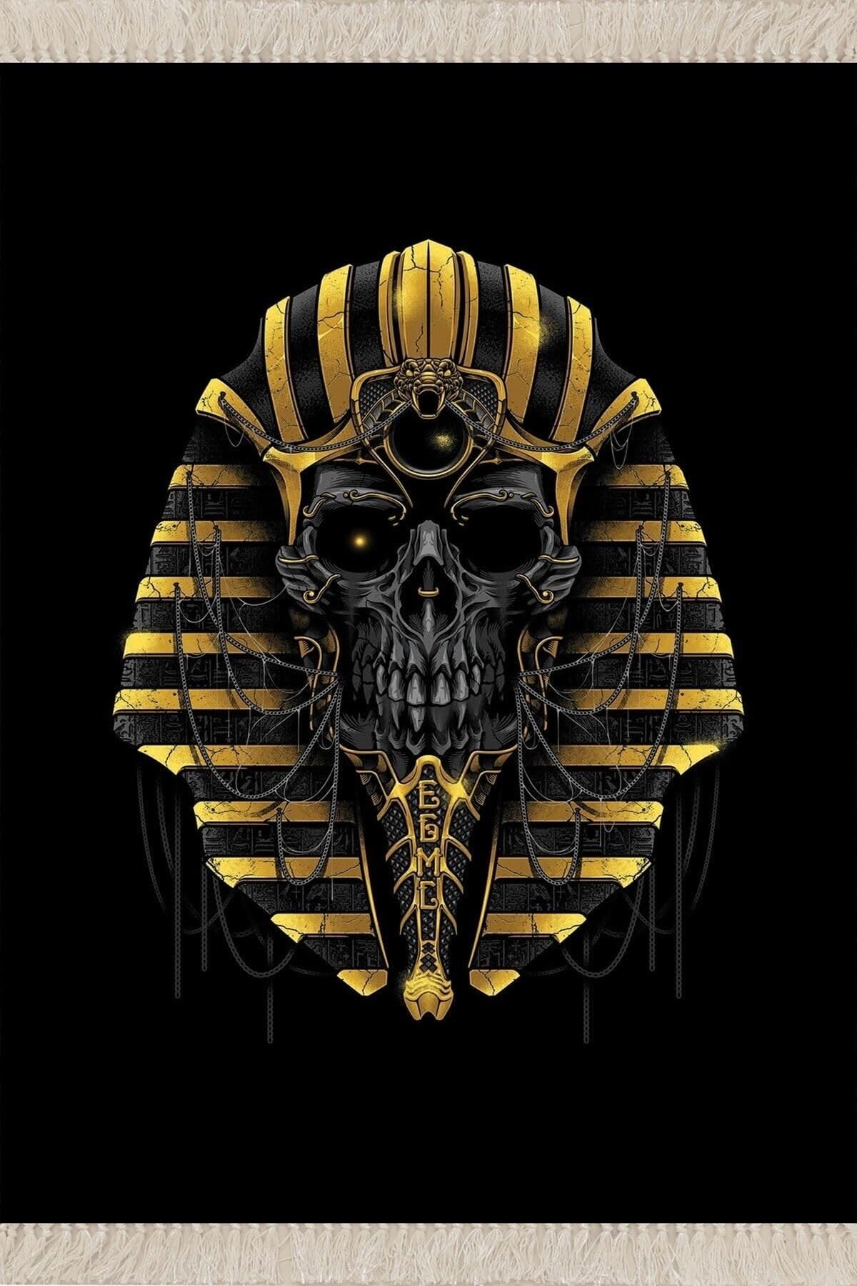 Pelangi Antik Mısır Kurukafa Desenli Dijital Baskı Yıkanabilir Salon Halı, Gold-Siyah 180 x 280
