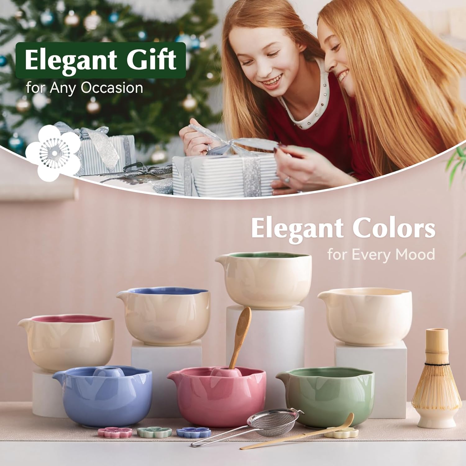 Matcha Set, 8Pcs Floral Ceramic Matcha Set with Matcha Whisk, Holder, Scoop, Scoop Rest, Sifter, Spoon and Tea Towel - Thoughtful Matcha Whisk Set Gift for Matcha Lovers (Beige & Green) - Image 9