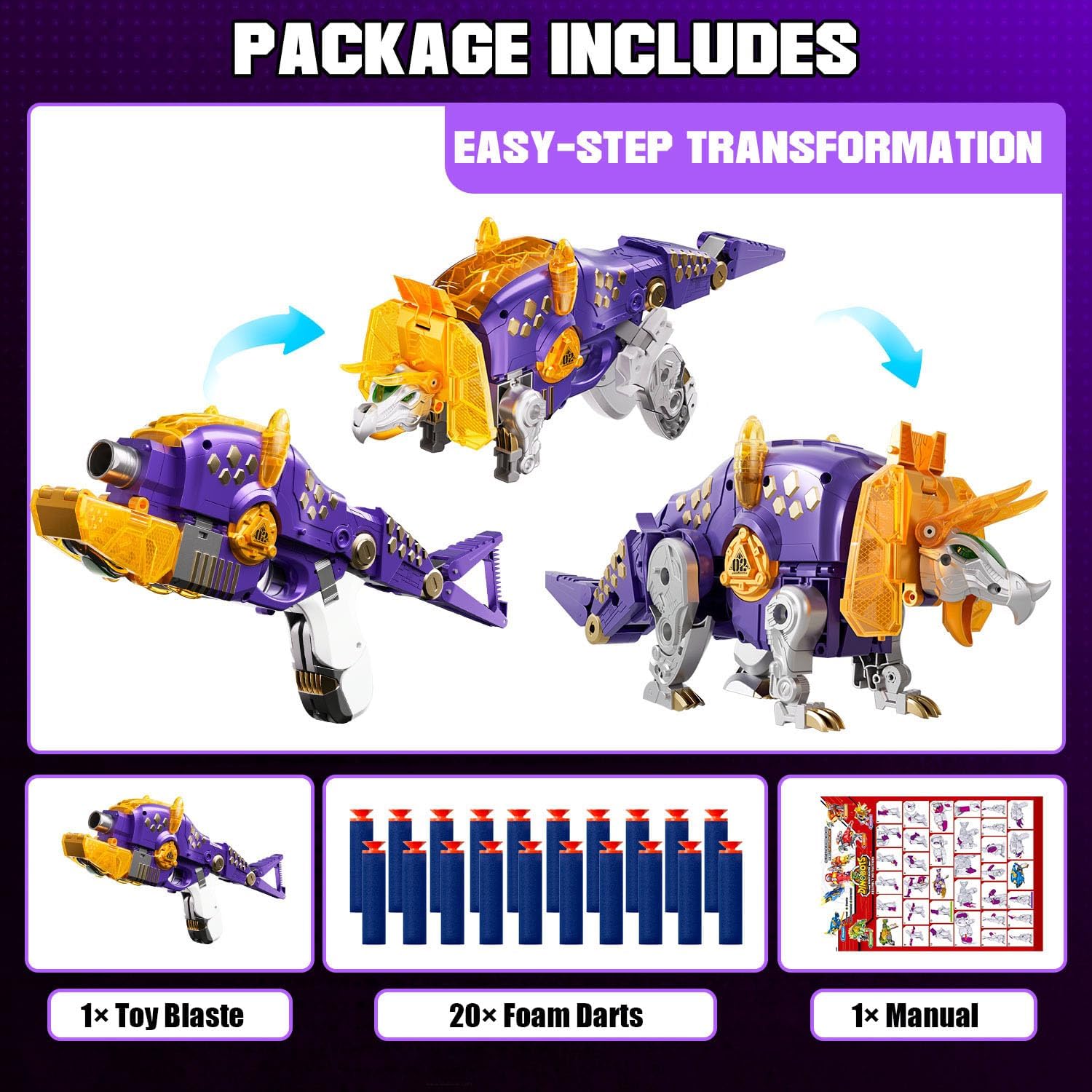 Blaster Toy Gun Transforming Alloy Dinosaur - 2 in 1 Morphing Toy (Gun to Dino), Soft Bullet Toy Blaster Gun with 20 Foam for Indoor Outdoor Shooting Game, Toy Blaster for Kids Boys Girls (T-Dino)