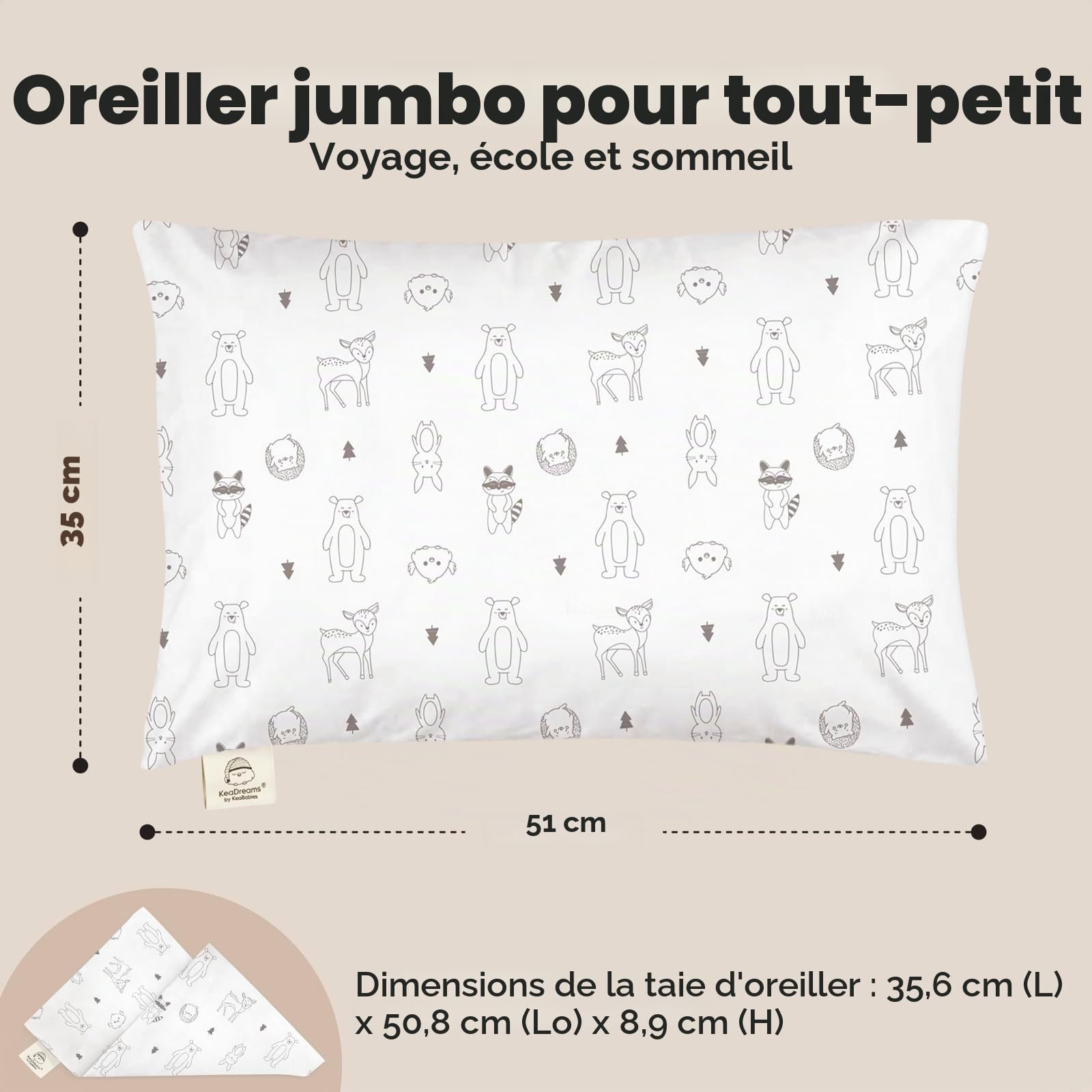 Oreiller pour tout-petit en coton bio doux lavable en machine KeaFriends