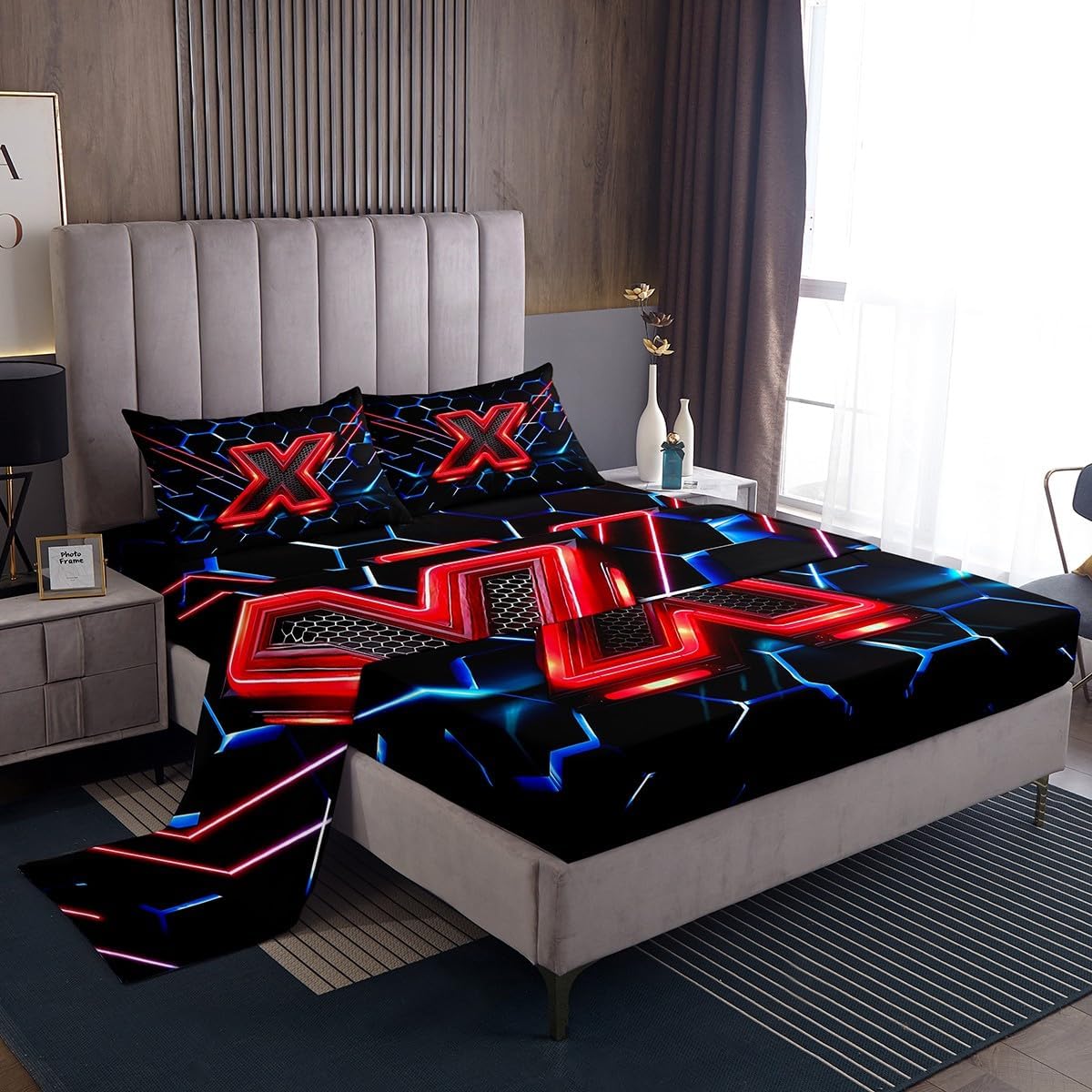 Geometric Honeycomb Kids Sheet Full Size,Blue Neon Hexagon Abstract Bedding Set for Boys Girls Man Room Decor,Light Gaming Fashion Red Black Bed Sheet Set 4pcs(Fitted + Flat + 2 Pillowcases) image 3
