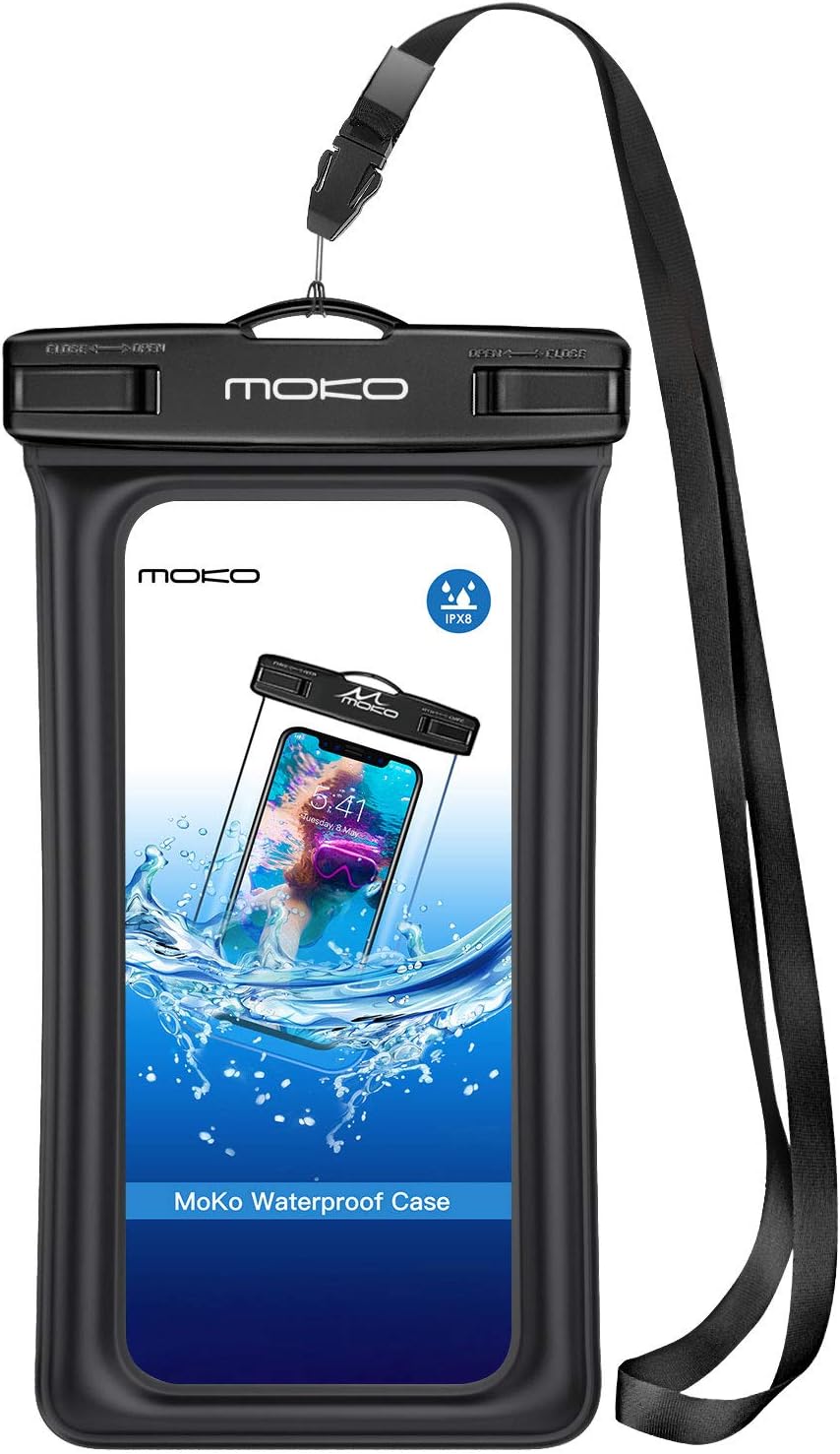 MoKo Floating Waterproof Phone Pouch Holder, Floatable Phone Case Dry Bag with Lanyard Armband Compatible with iPhone 14 13 12 11 Pro Max X/Xr/Xs Max,8/7/SE 3,Samsung S21/S10/S9/S8, Black