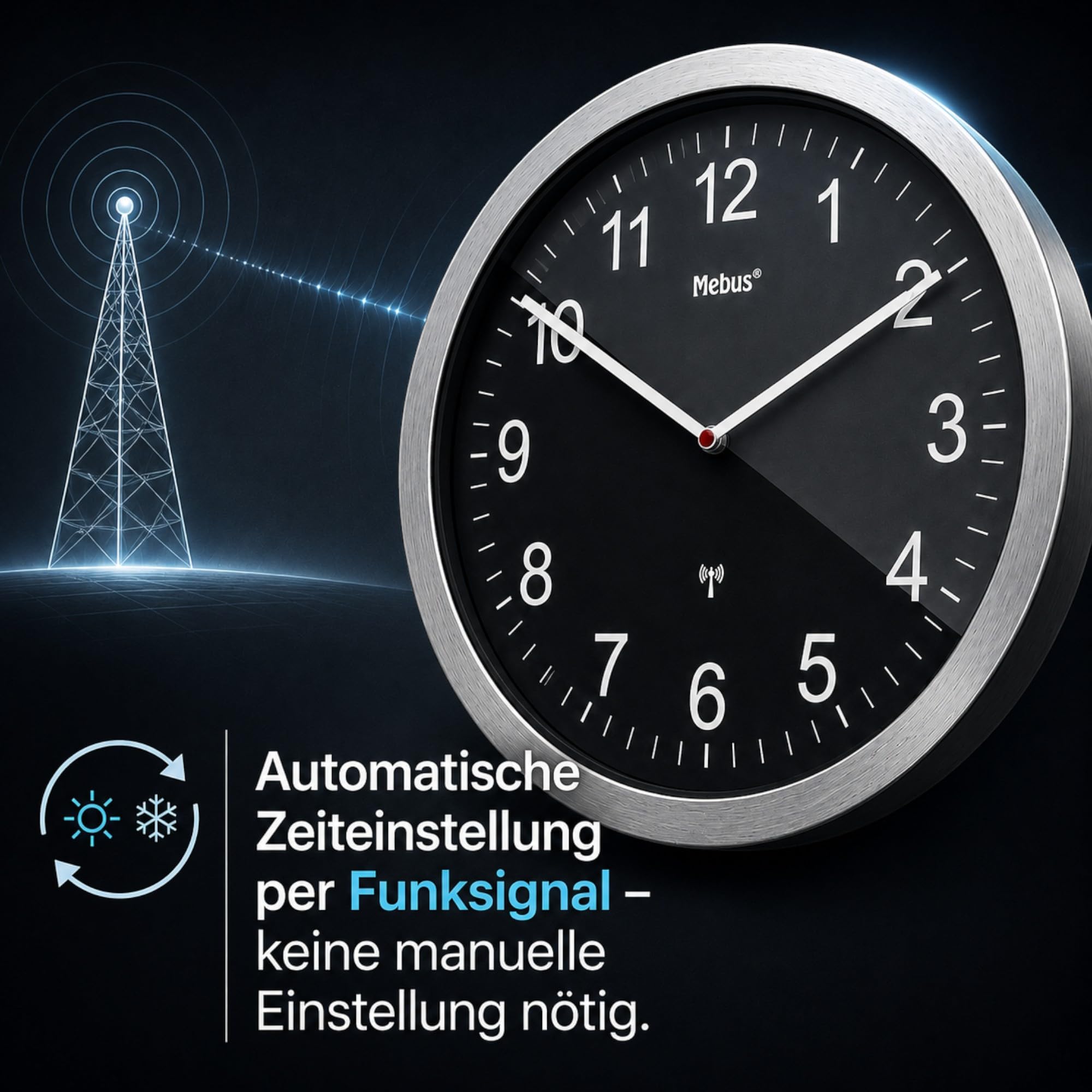 Mebus XXL Funkuhr Extra Große Wanduhr Lautlos Uhrwerk Kein Sekundenzeiger Ziffernblatt 45cm Durchmesser Modell 14120 Schwarz Silber 45 Zentimeter Durchmesser