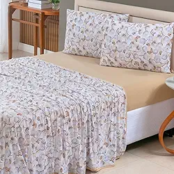 Jogo de Cama 4 Peças 100% Algodão Lençol com Elástico e Lençol de Cima + Fronhas com Zíper – Anti Pilling – Acabamento em Viés - Solteiro, Casal, Queen e King. (Branco Florido, Queen)