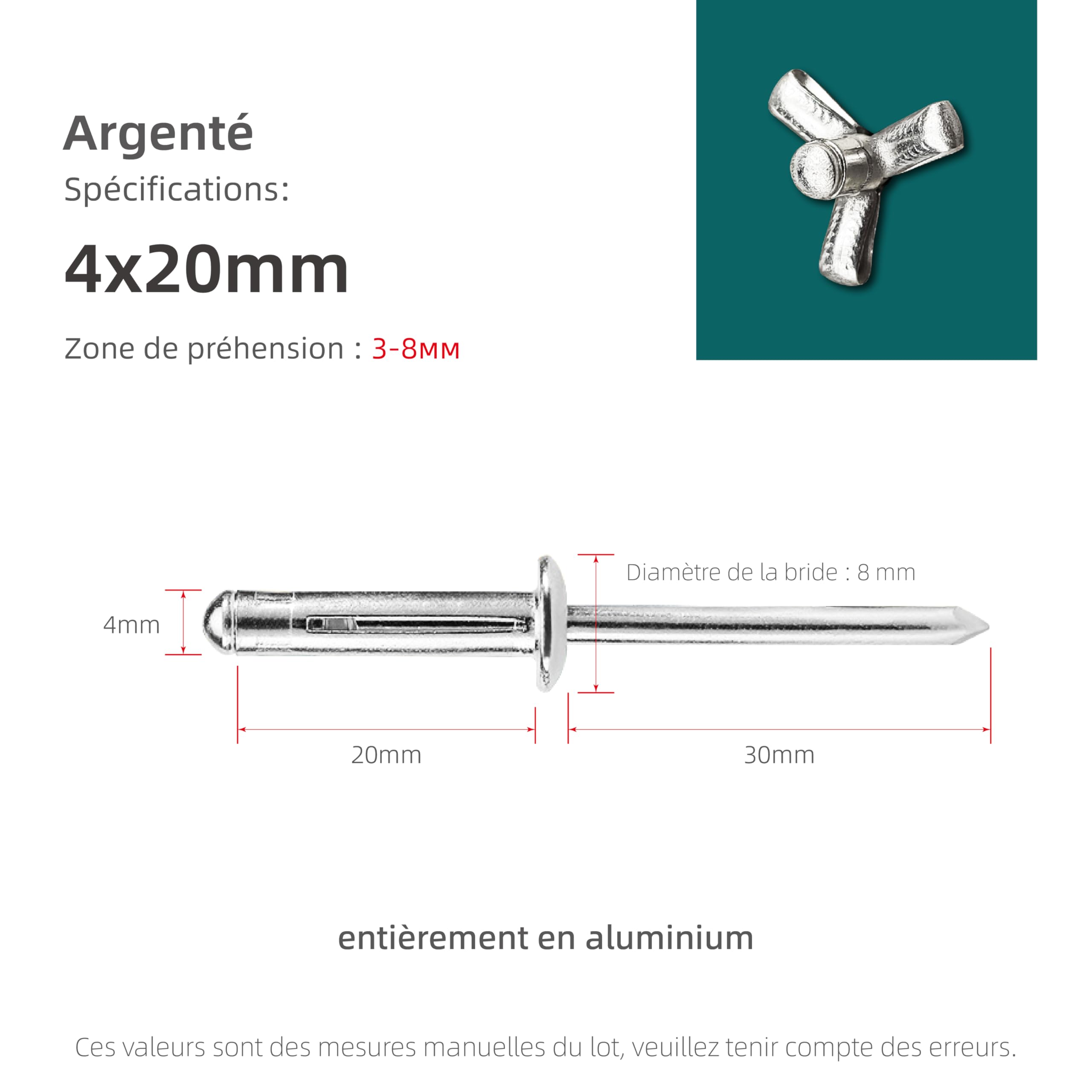 Triple Expansion Aluminium Blind Rivets, Assortment of Bulb Rivets for Plastics or Soft Materials (Silver, diameter 4.0x20mm - Image 2