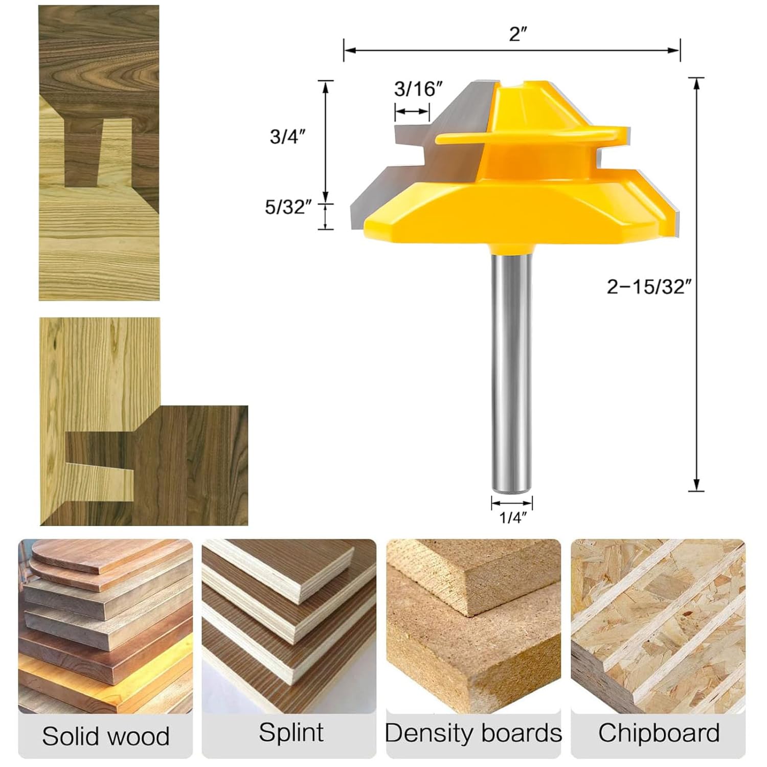 45 Degree Lock Miter Router Bit, 1/4 Inch Shank, 1/2", 5/8", 3/4" Cutting Height Joint Router Bits with Heavy Auto Positioning Center Punch, Easy to Create Lock Miter Joint (3)