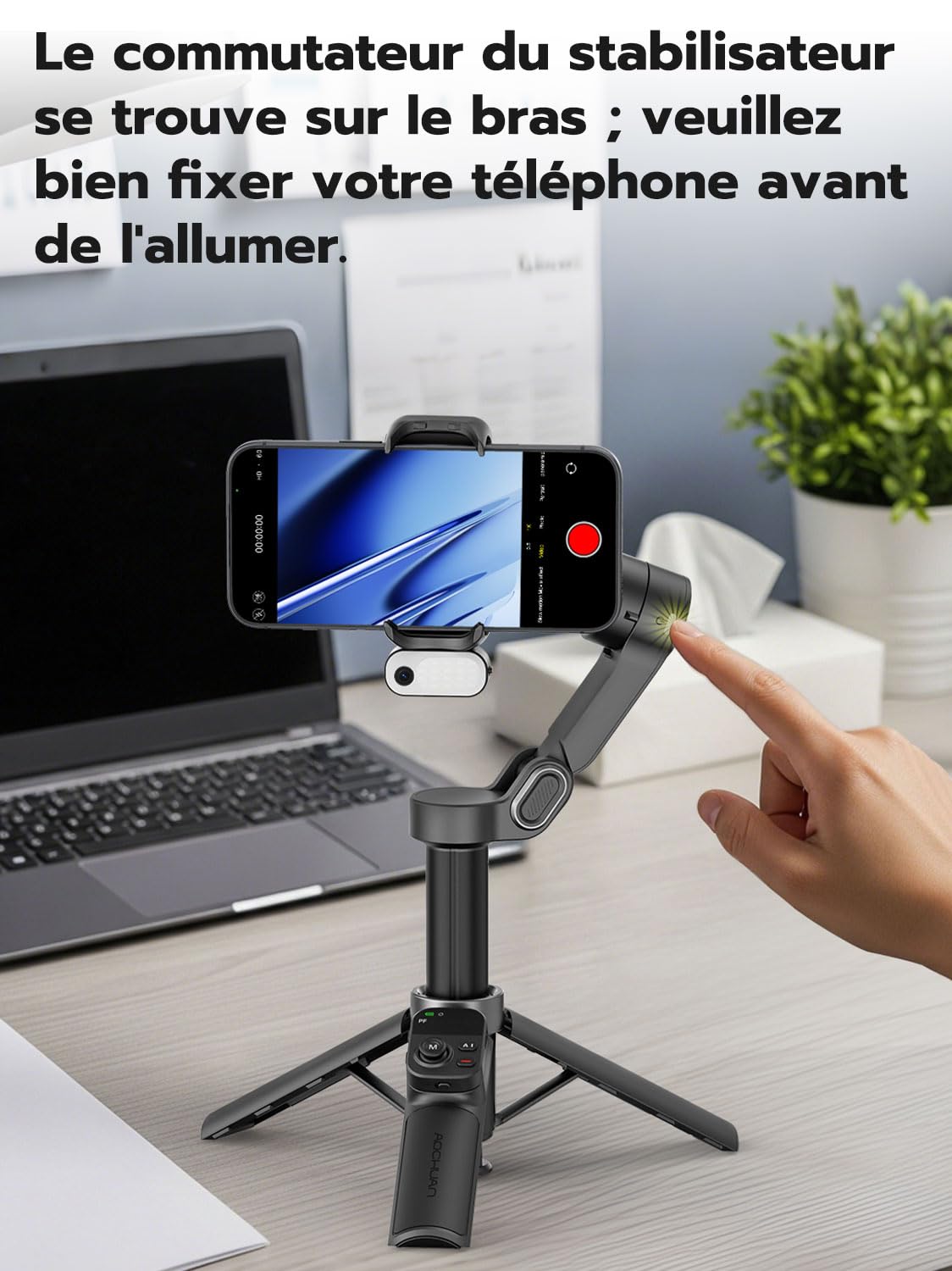 AOCHUAN Stabilisateur de cardan pour iPhone, Module de Suivi IA et éclairage d'appoint, stabilisation 3 Axes avec télécommande magnétique, Fixation trépied en Un clic, rallonge intégrée, Smart X3 AI