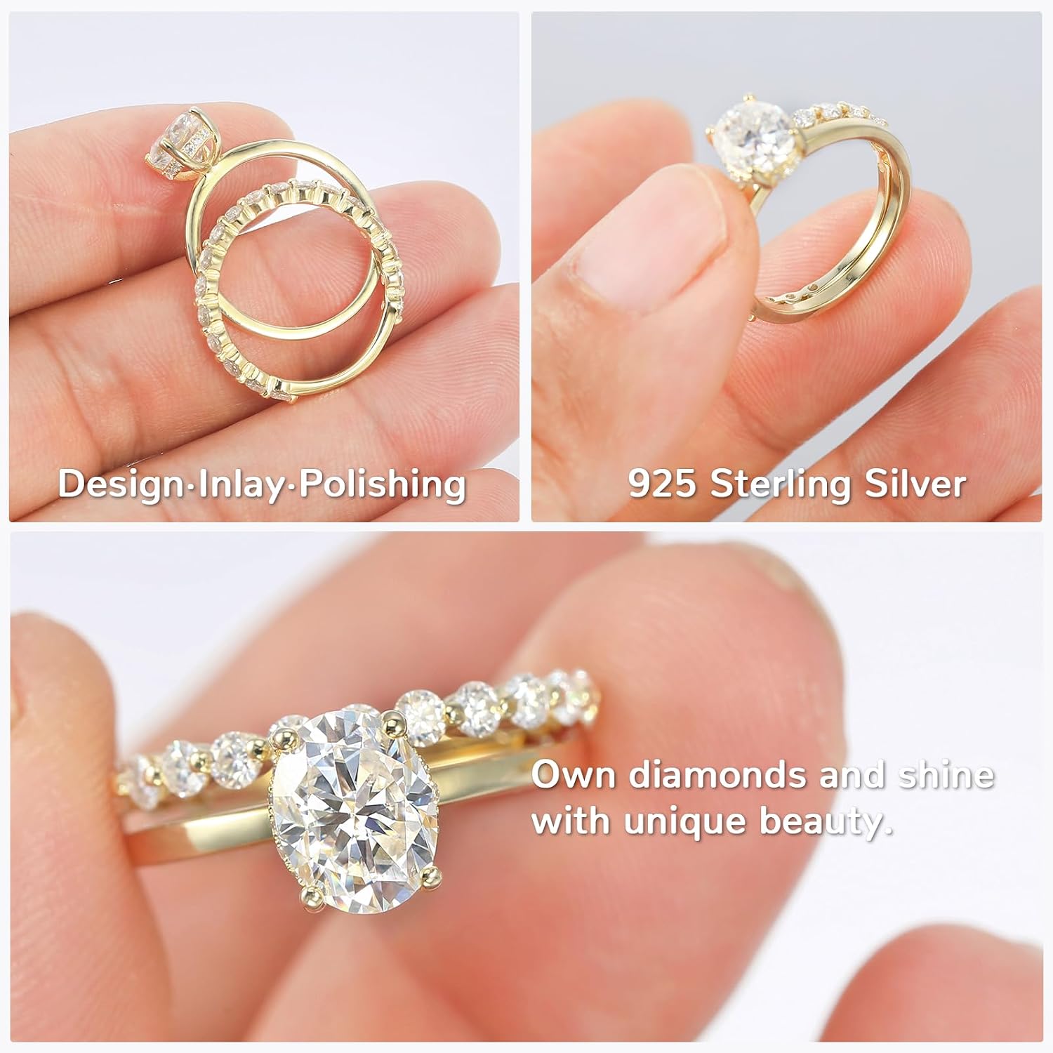 Moissanite Women's Bridal Rings Sets D Color VVS1 Wedding Ring Set Bands S925 Sterling Silver with 9K Gold Plated Genuine Moissanite Engagement Promise Rings for Her | Anniversary Birthday Jewelry Gift