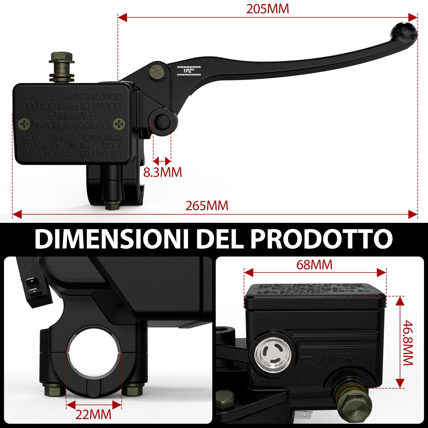 1PZ IA7-PF1 Pompa Freno Anteriore Moto, 7/8" 22mm Pompa Freno Superiore Destra per Moto, con Interruttore Freno, Foro di Installazione Specchietto Retrovisore 10mm