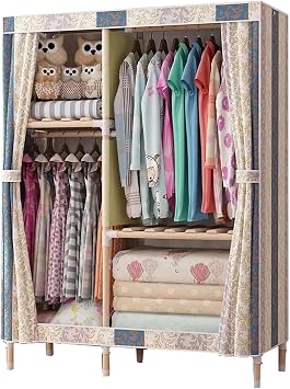 Aimeryup 2-Hanging Wardrobe Canvas Wooden Portable Folding Partitioned Storage Organiser Rack Bedroom 105X45X160CMSize105X45X160CM,ColorA