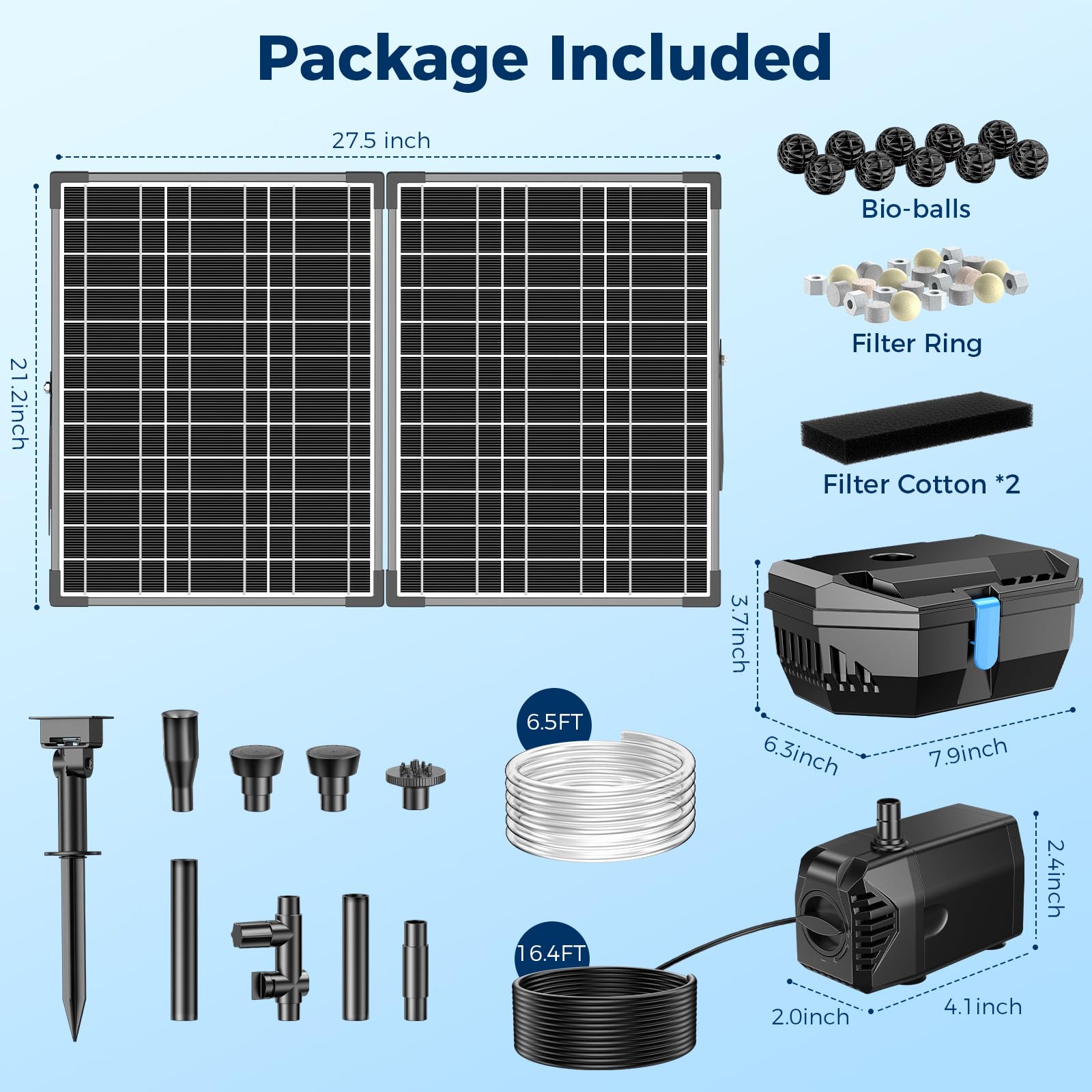 NFESOLAR Kit filtro solare per laghetto da 30 W con pompa per fontana, pompa solare per laghetto da 210 GPH e scatola filtro esterna, pompa dell'acqua sommergibile con cavo da 16,4 m e tubo da 2 m per