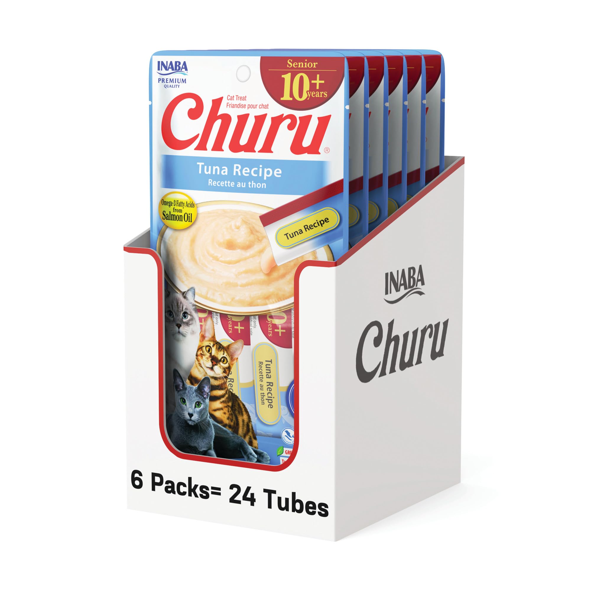 Churu for Senior 10+, Creamy Lickable Cat Treats with Taurine, Vitamin E & C, 0.5 Ounces Each, 24 Tubes (4 per Pack), Tuna Recipe