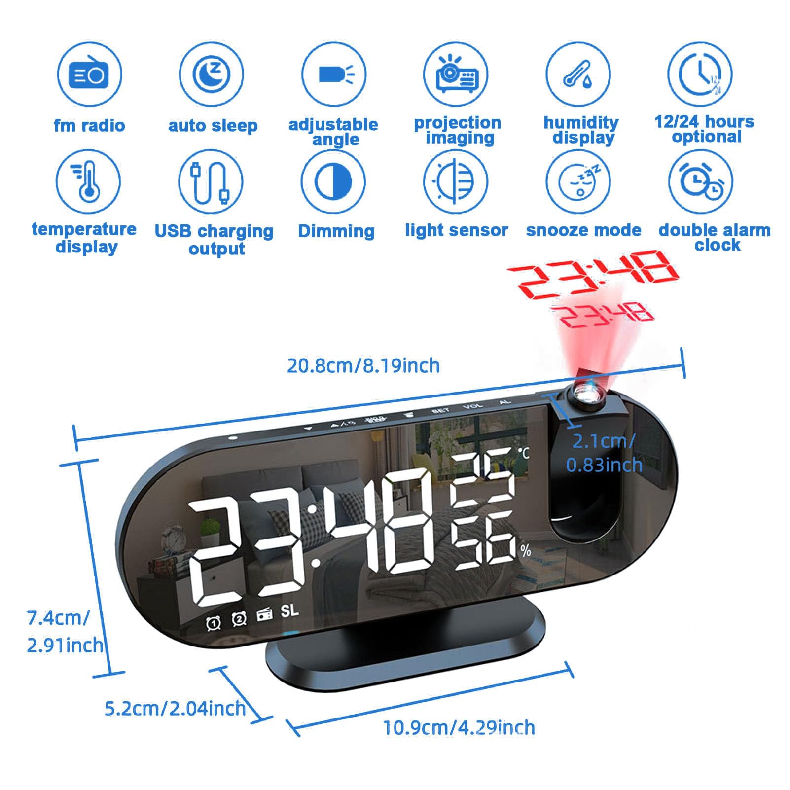 Reloj despertador de proyección con radio FM, reloj digital con puerto de carga USB, función de repetición, pantalla LED de espejo, brillo ajustable para dormitorios