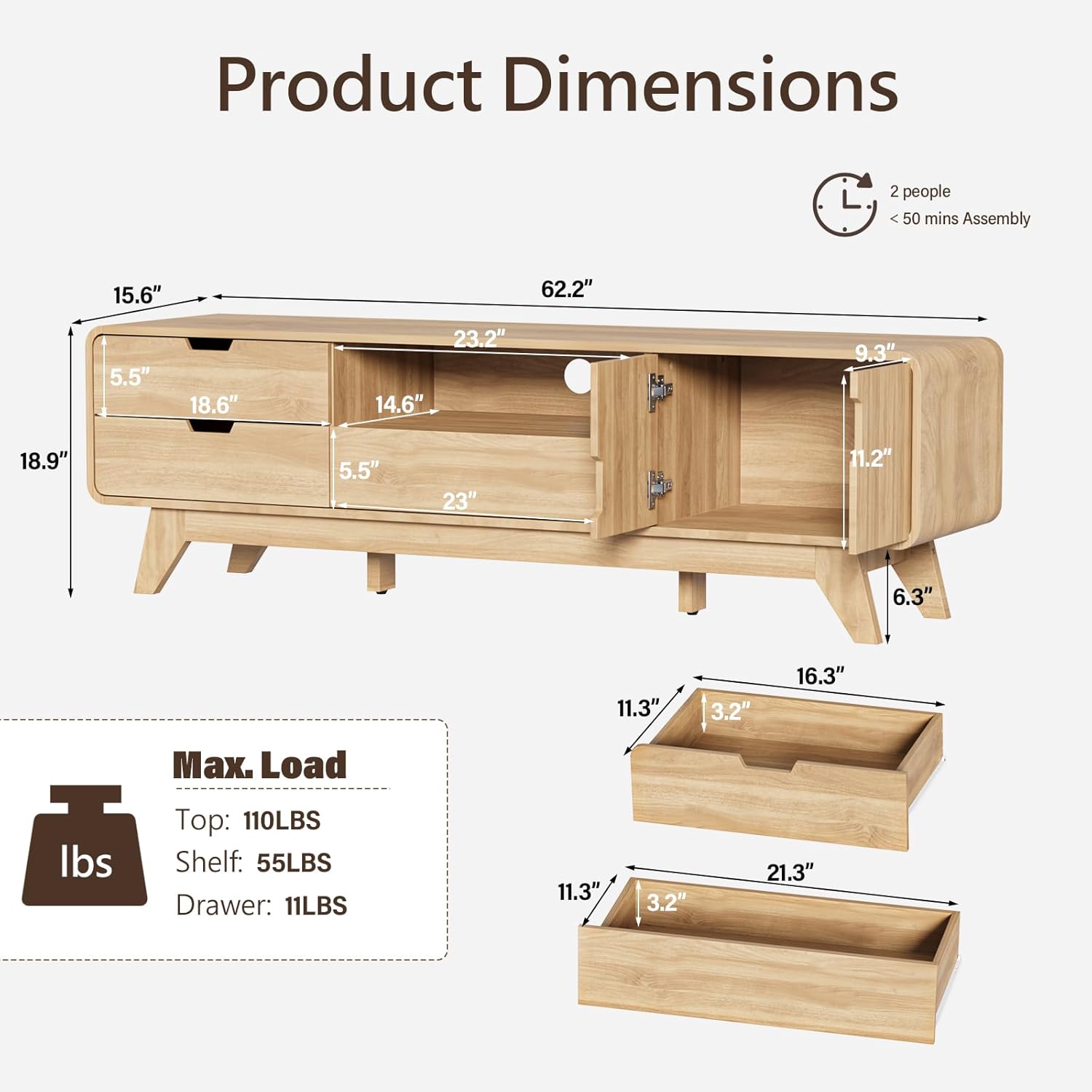 BREEZEHEAT 63" Wood TV Stand, Mid Century Modern TV Stands for TVs up to 70 inch, Entertainment Center with Storage Cabinet and 3 Drawers, Media and TV Console for Living Room, Natural Oak