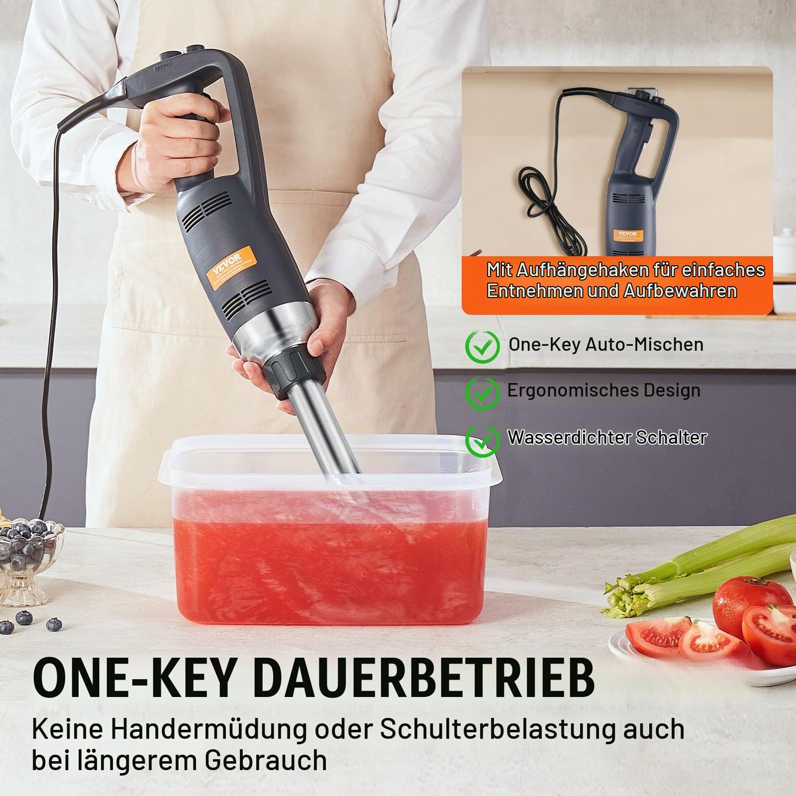 VEVOR kommerzieller Stabmixer Handmixer 350 W, 254 mm stufenloser Stabmixer mit variabler Drehzahlen und Edelstahlklinge, tragbarer Mehrzweckmixer für Suppen, Saucen, Kartoffelpüree, Sahne