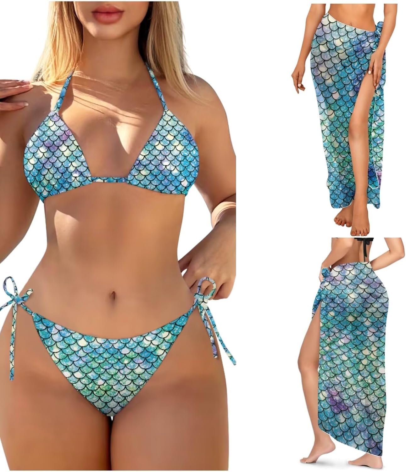Xpyiqun 3 Piece Bikini Swimsuits with Cover Up Skirt Bathing Suit for Women Halter Triangle Top Tie Side Bottom Coverup