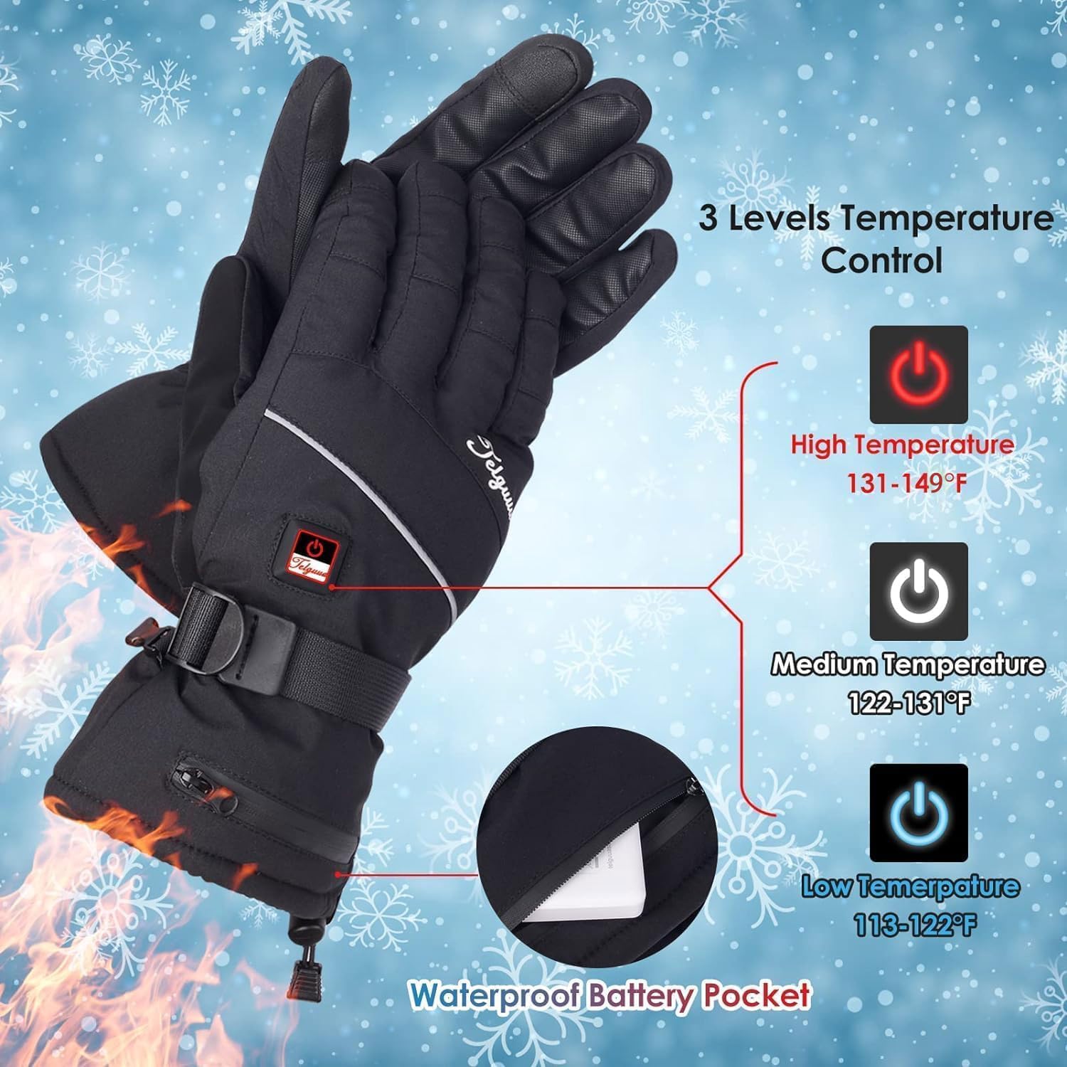 Telguua Heated Gloves Men Women Touchscreen Heated Gloves Warm Motorcycle Gloves for Winter Skiing Cycling Hiking Hunting Fishing Black 1 Pair - Image 3