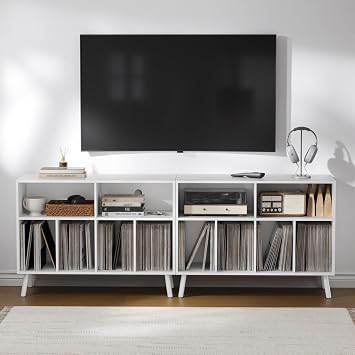 Record Player Stand with Vinyl Storage Cabinet, Wood Turntable Table Open Shelf Holder Up to 350 Albums Cube Storage Organizer for Living Room, Office, White