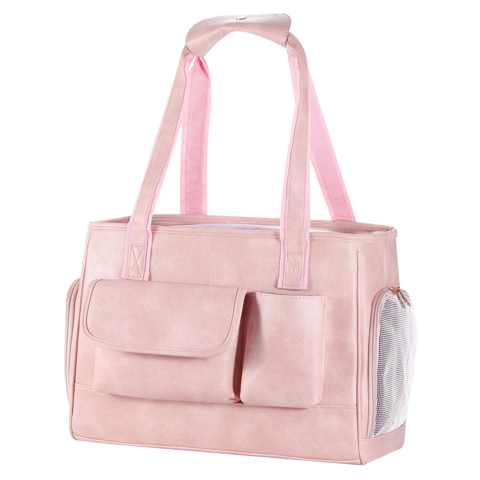 Hundetragetasche, modische Leder-Haustier-Tragetasche, von Fluggesellschaften zugelassen, weiche Seiten, Katzen-Reisetasche mit Taschen, Rosa