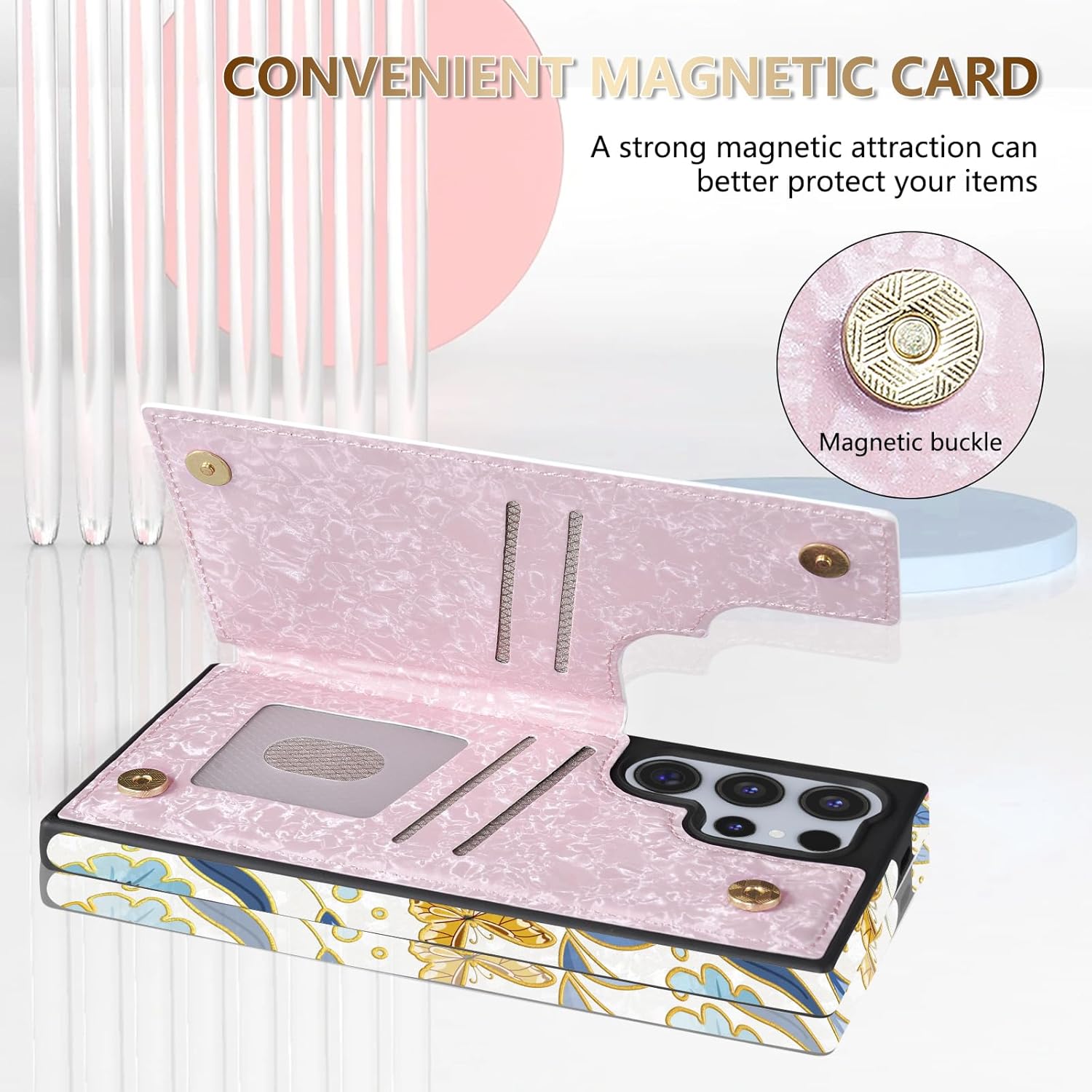 NNH Compatible with Samsung Galaxy S25 Ultra Wallet Case with RFID Blocking Card Slots Flip PU Leather Kickstand Double Magnetic Clasp Design Cover for Galaxy S25 Ultra(6.8 inch-Butterfly Flowers) - Image 3