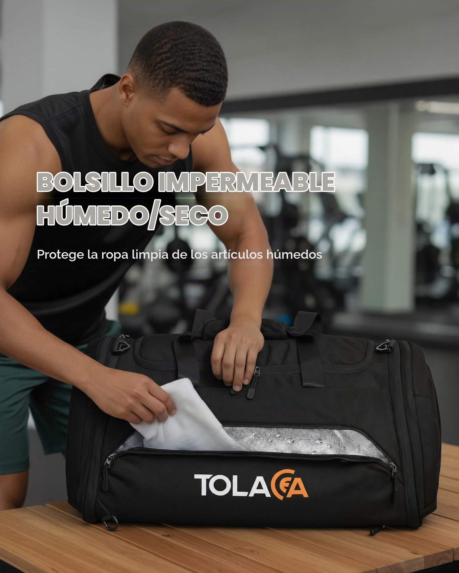 Tolaccea Bolsa de Deporte Extensible 56–70L Hombre Mujer – Bolsa de Viaje con Compartimento para Zapatos & Bolsa Húmeda, Convertible en Mochila para Gimnasio, Natación, Fútbol, Viajes (Negro)
