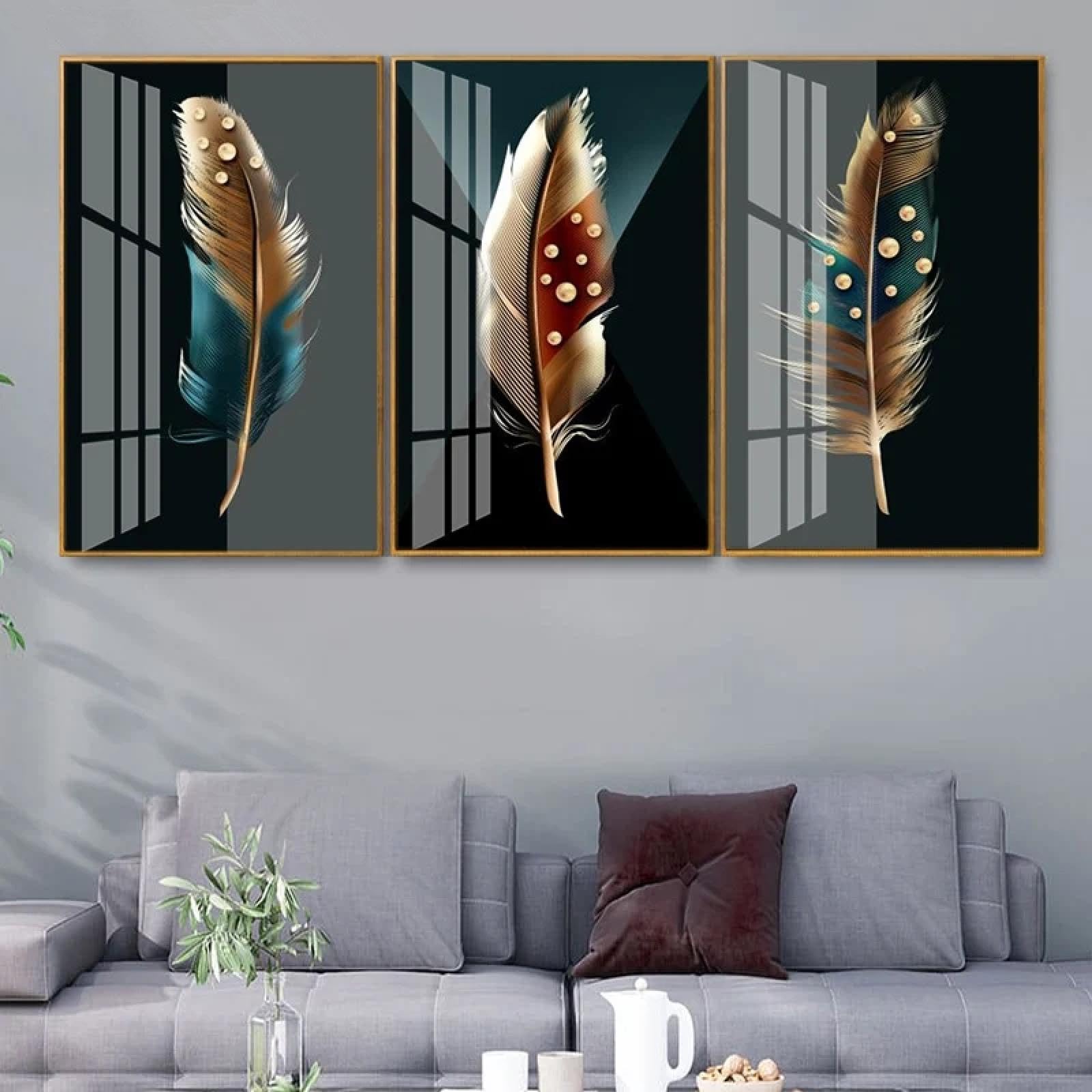 Tableau plume dorée triptyque 40x70 cm abstrait pour décoration murale - 6