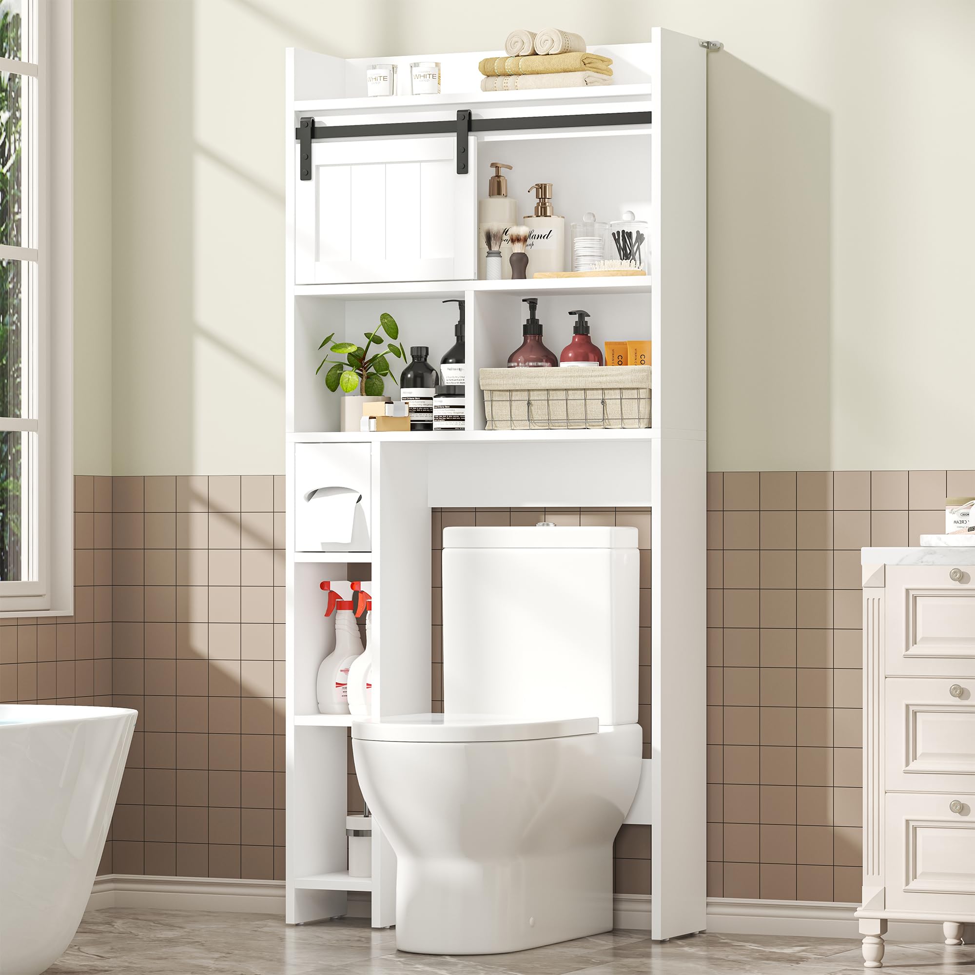 Semoic Over The Toilet Storage Cabinet, Over The Toilet Shelf with Sliding Door & Toilet Paper Holder Stand, Bathroom Above Toilet Storage, Home