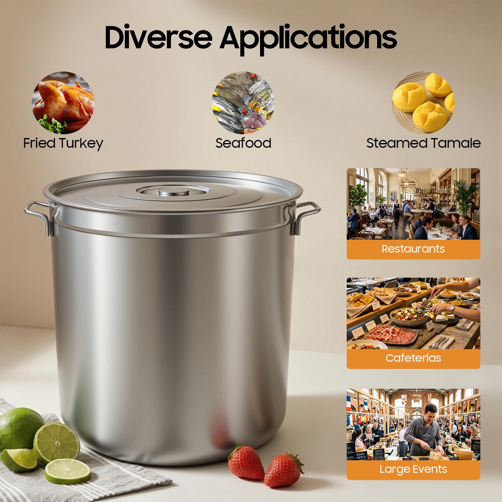 Olla de acero inoxidable 50L con cesta de filtro, olla de inducción de gran capacidad, cazuela sopa profesional, tapa asas retráctiles, todos los fuegos