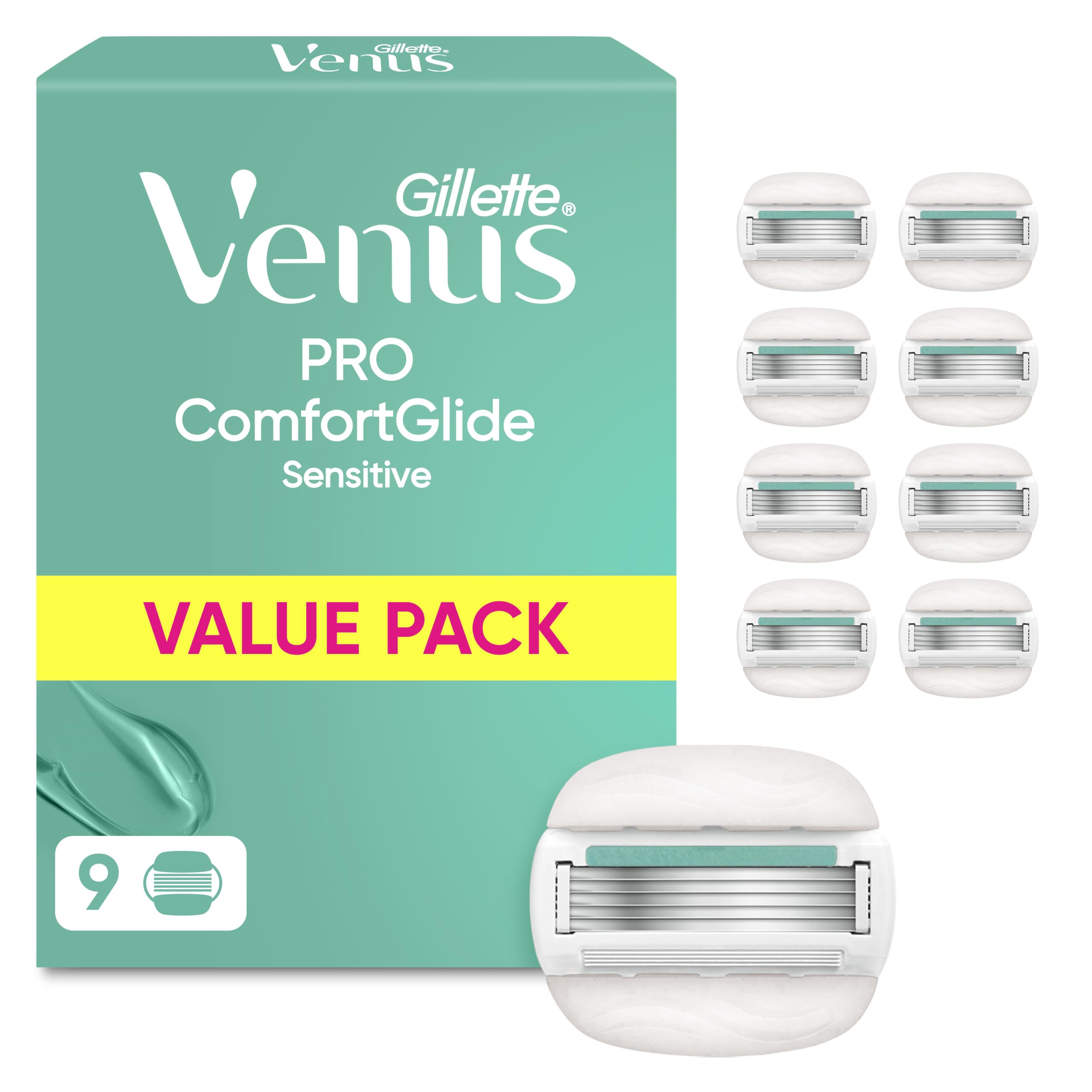 Gillette Venus Pro Comfortglide Sensitive Rasierklingen Damen, 9 Original Ersatzklingen