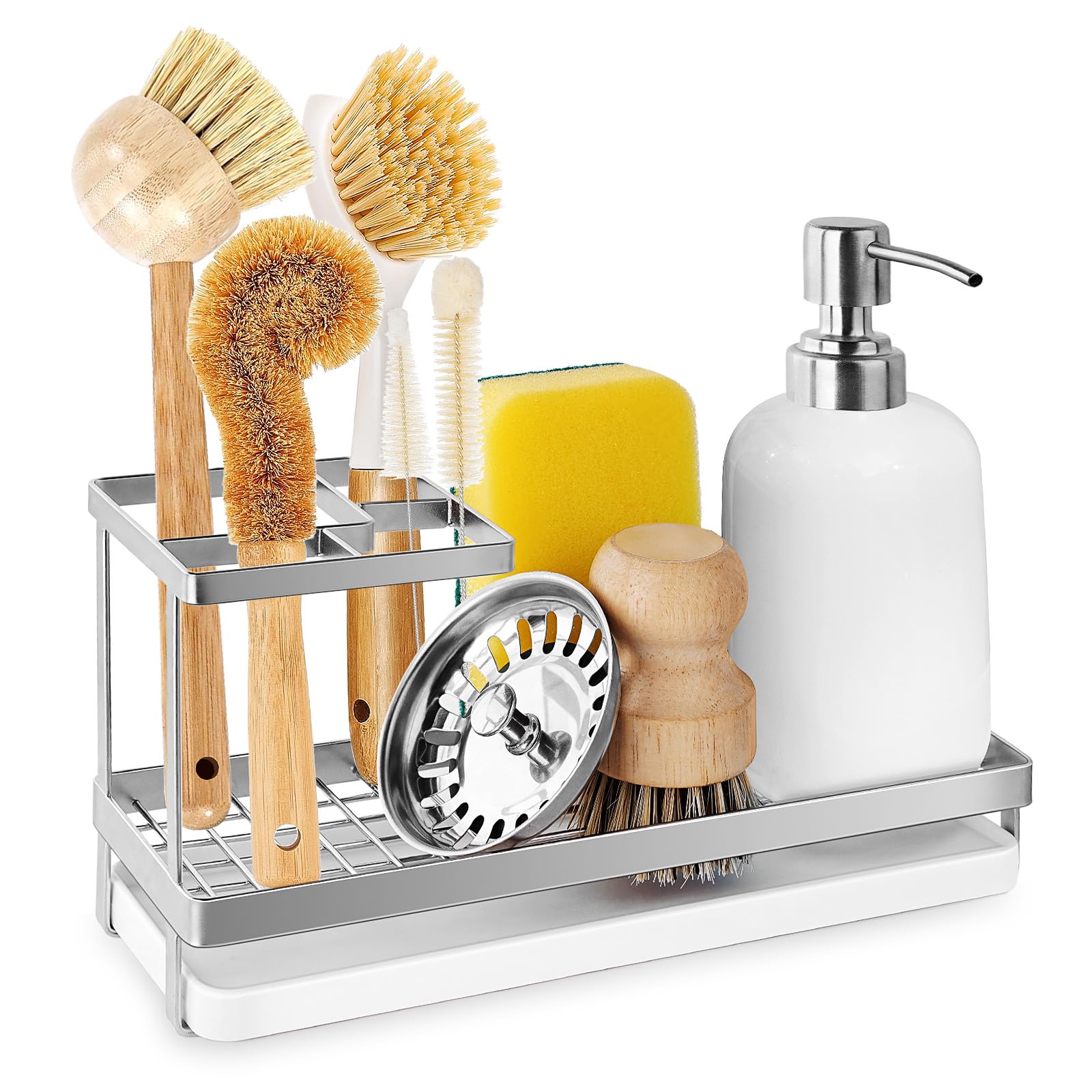 EOFJRUC Sponge Holder for Kitchen Sink, Stainless Steel Sink Caddy with High Brush Holder Countertop Silver Soap Dispenser Organizer with Drain Tray Rustproof