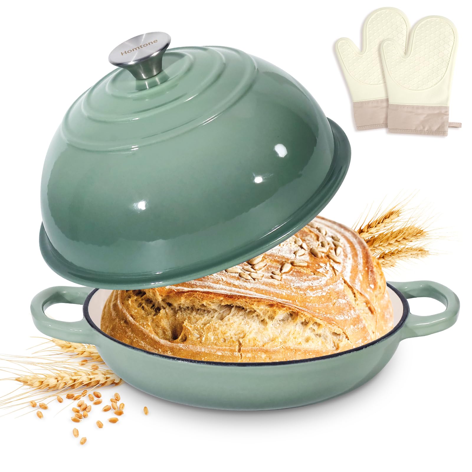 Homtone 5.5QT/26cm Enamelled Cast Iron Dutch Oven for Sourdough Bread, Dutch Oven Pot with Domed Lid, Cast Iron Bread Pot (Dusty Green, with Oven Mitts)