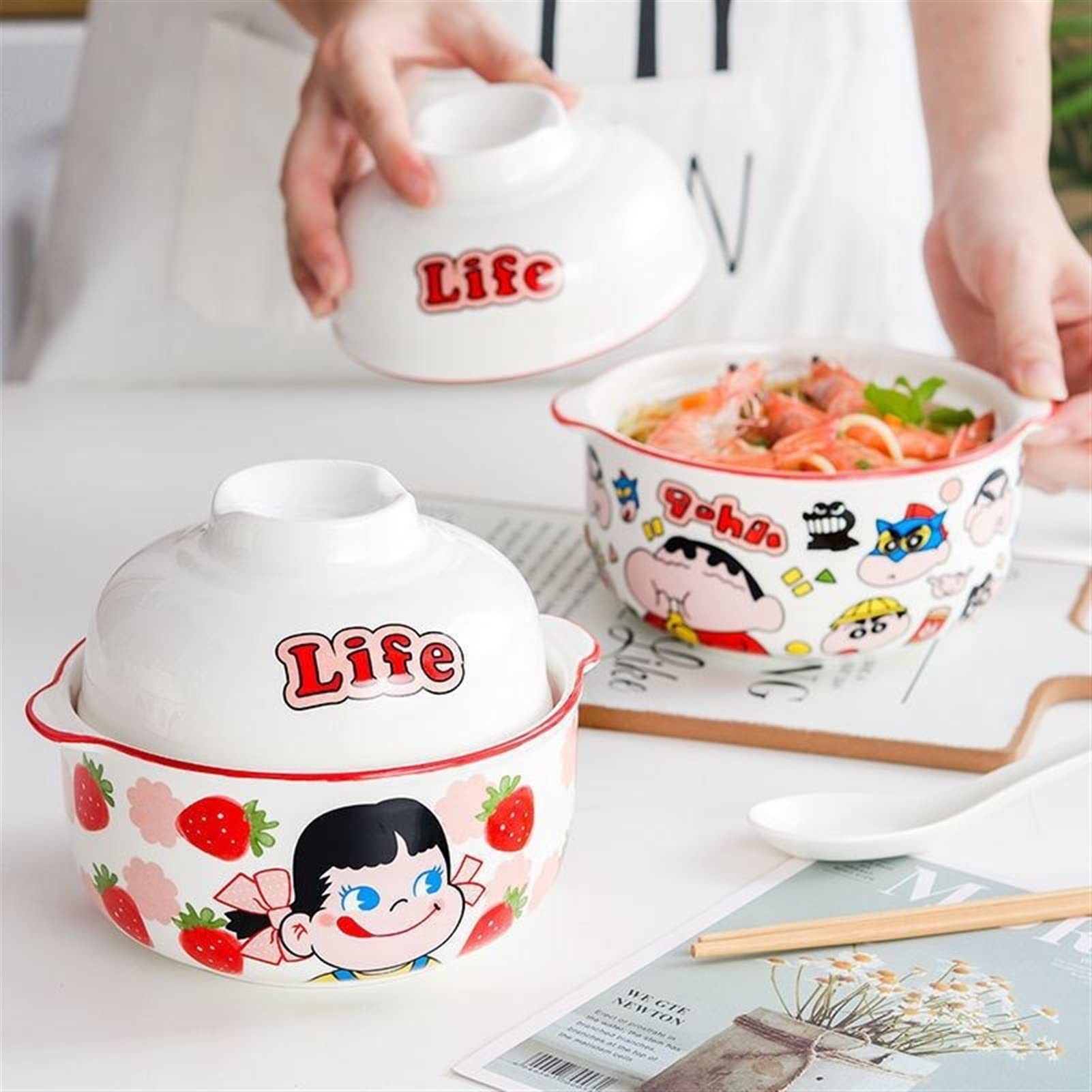 Suppenschüsseln Kawaii Strawberry Ramenschüssel mit Deckel Keramik Niedliche Cartoon Küche Geschirr Große Früchte Instant Nudeln Salat Reis Suppenschüssel Salatschüssel (Color : Pink A)