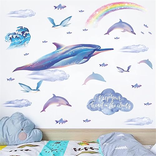 Calcomanías de pared con diseño de océano, dibujos animados, nubes de arco iris, lindos delfines, calcomanías de pared para niños, niñas,