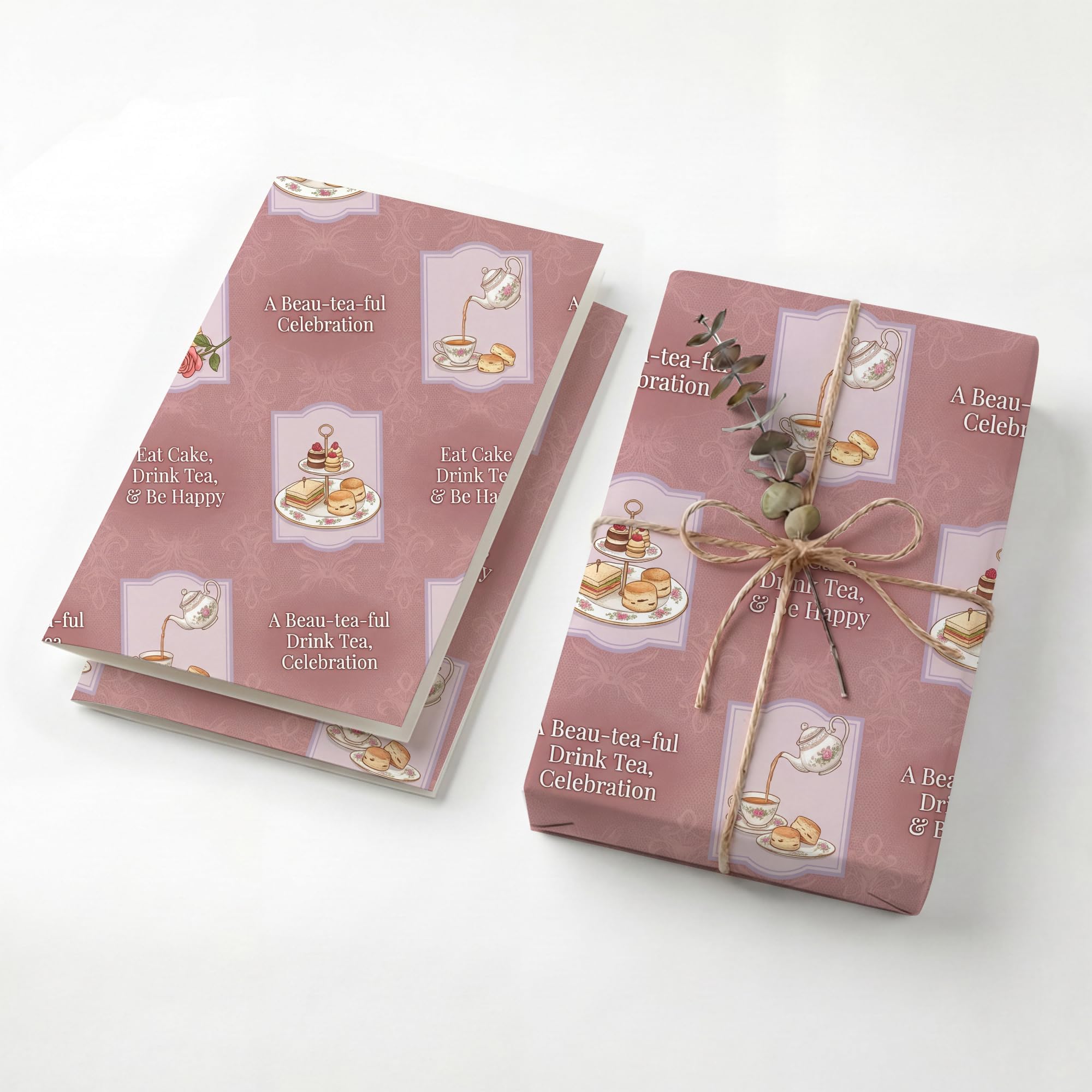 Vintage High Tea Party Birthday Wrapping Paper Folded Sheets, 120GSM Thick Kraft Wrapping Paper for Women, Dusty Rose Floral Teapot Print Present Packaging for Mom Wife, Two Pack