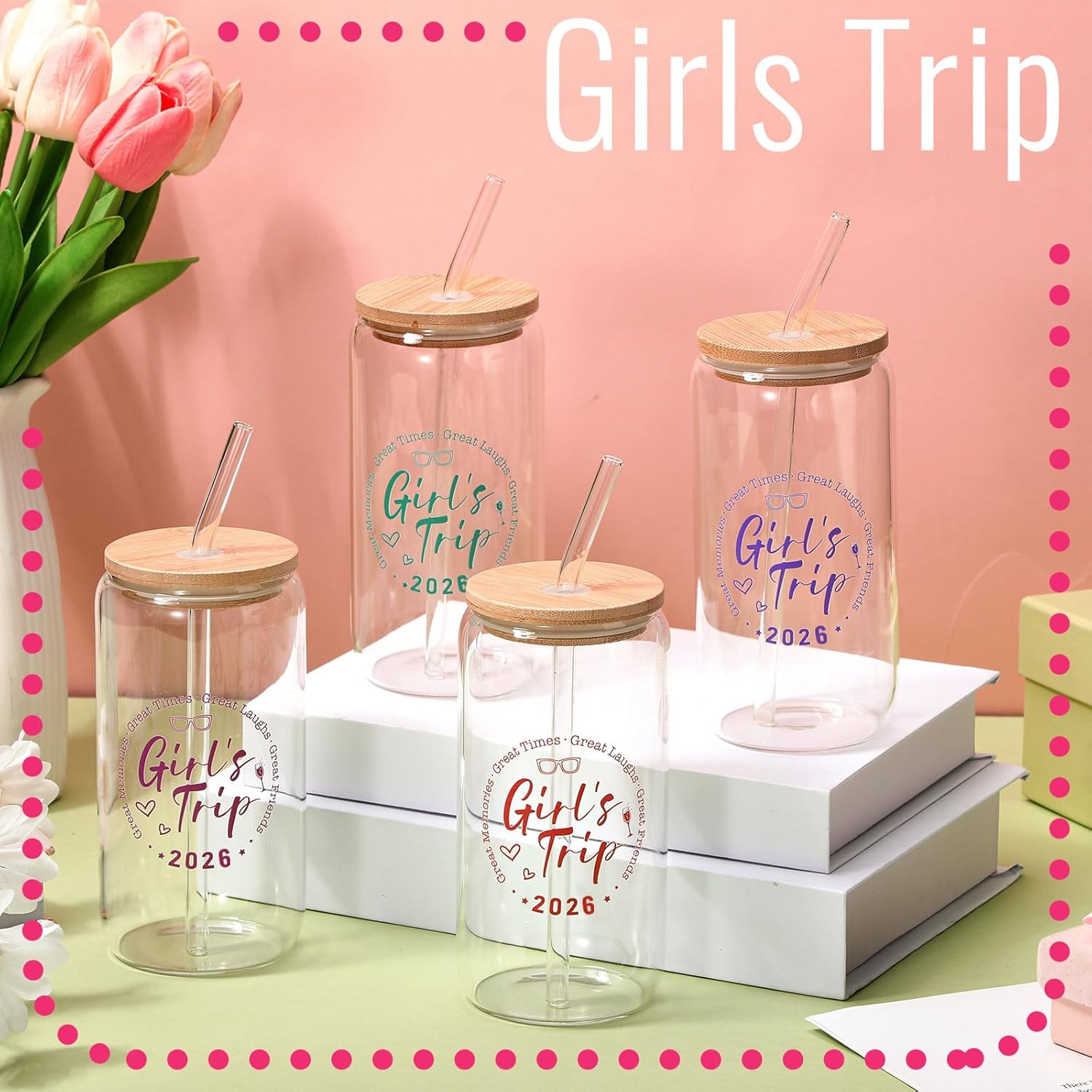 SiliFine 4 Pcs Girls Trip Glass Cups Gift Favors with Lids and Straws 16 oz Travel Weekend Bestie Friendship Presents for Women Wedding Bachelorette Vacation Party