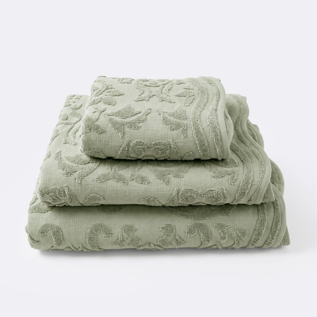 Allure Gracie Jacquard Scalloped Towels - 100% Cotton, Soft & Absorbent Floral Damask Patterned Bath Towels with Wavy Scallop Edge & Hanging Loop (Sage Green, 2 x Bath Sheets)