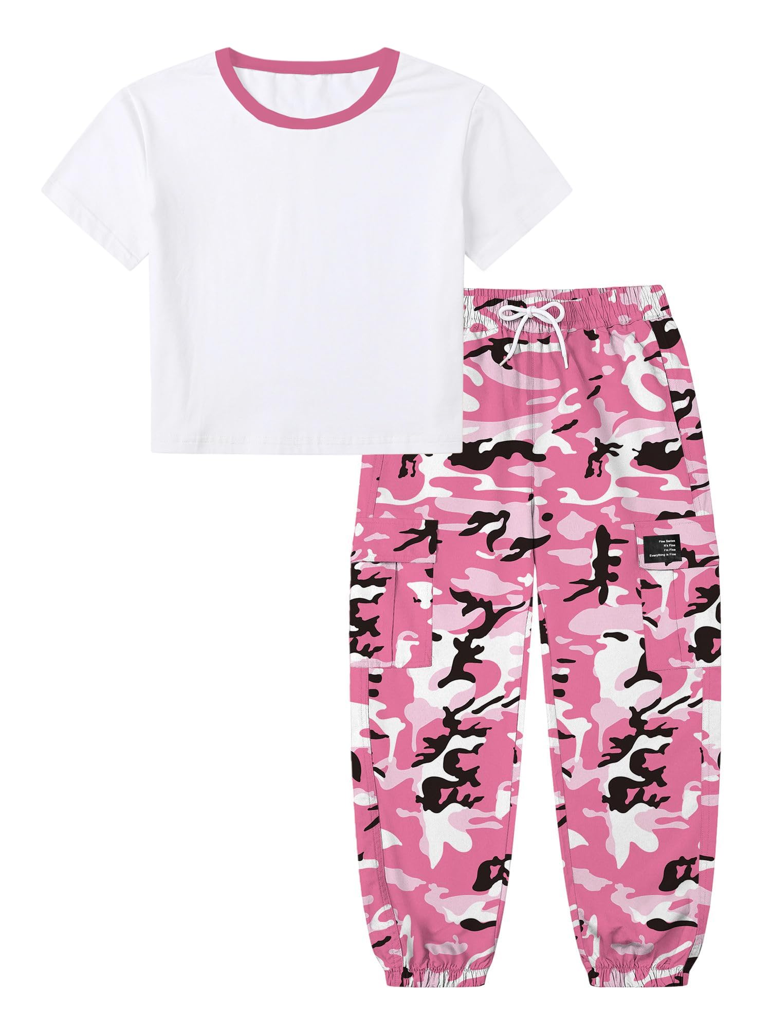 Betusline Girls 2 Piece Summer Outfits,Kids Casual Short Sleeve Crop Top &amp; Cargo Jogger Pants Sets,4T-14Y