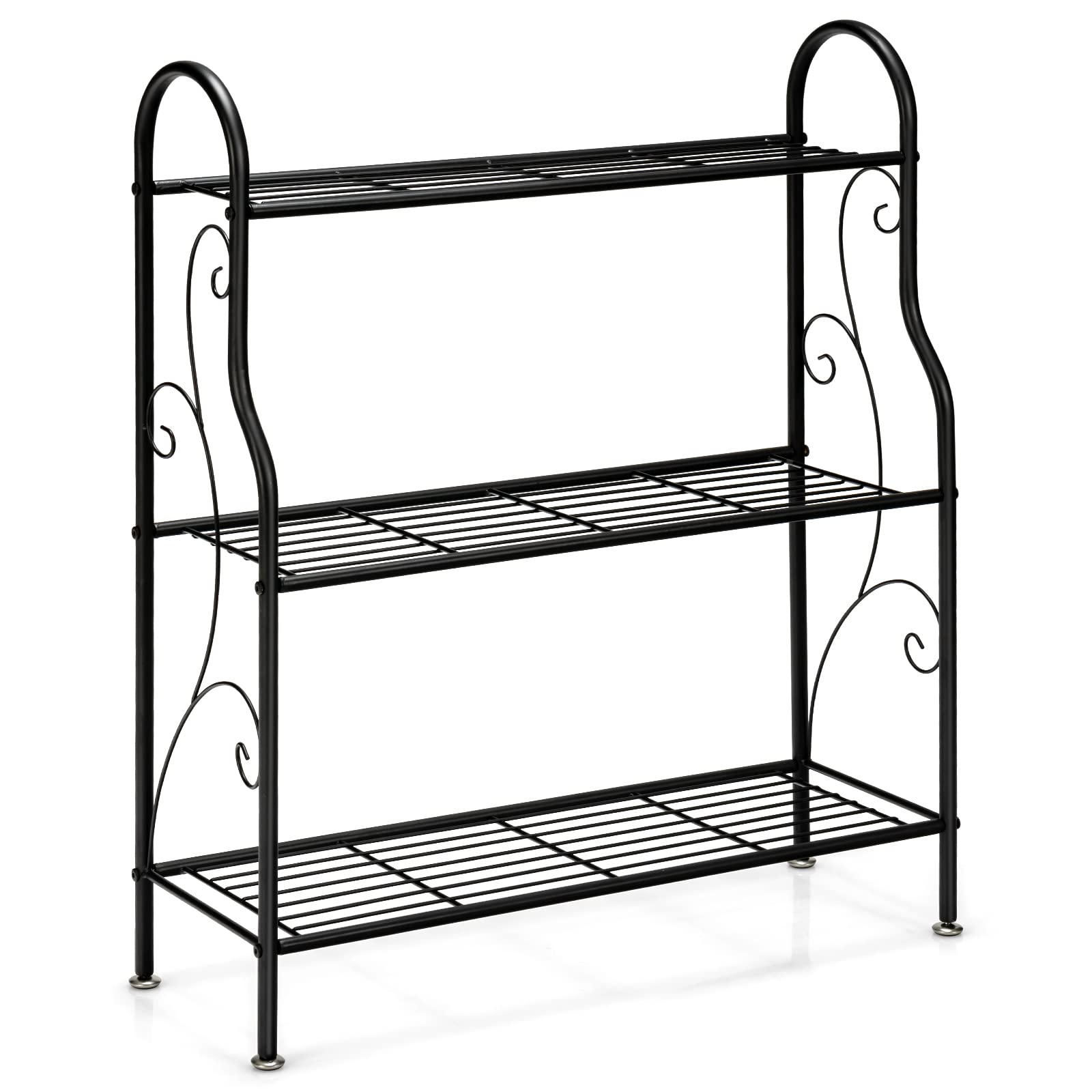 GOPLUS 3 Niveaux Support pour Plantes en Métal, Étagères Ouvertes et Pieds Réglables, Étagère en Fer Imperméable pour Utilisation Intérieure et Extérieure, Noir