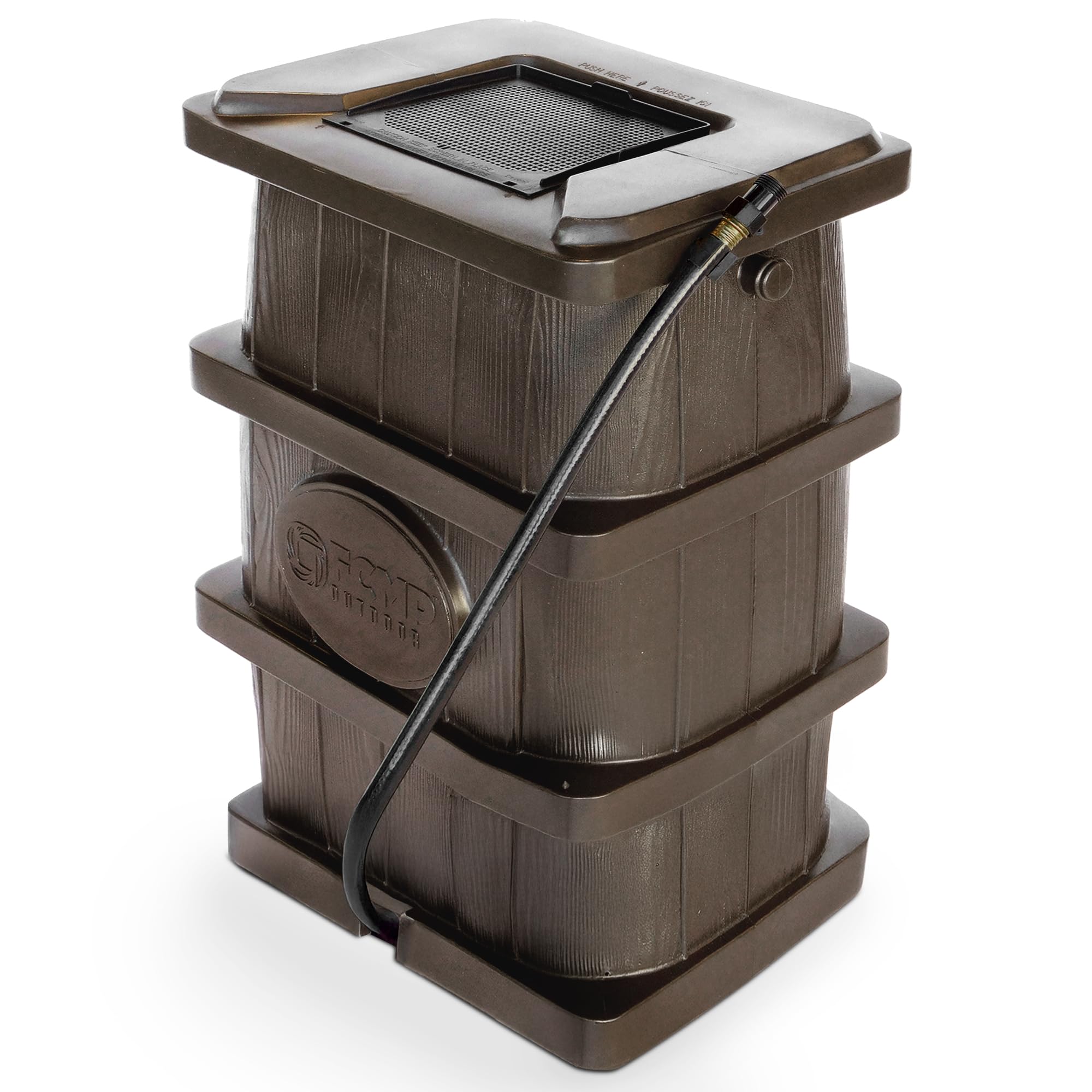 FCMP Outdoor Slim Line Design 45-Gallon Wood Grain Outdoor Home Rain Water Catcher Barrel Flat Back Container with Spigots and Mesh Screen, Brown