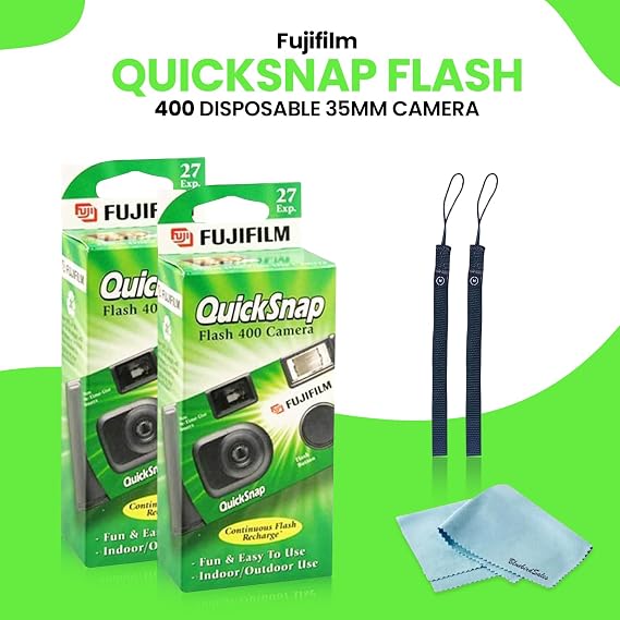 Fujifilm QuickSnap Flash 400 Disposable 35mm Camera 4 Pack 4 Hand Straps 2 BluebirdSales Microfiber Cloth, Green, 7033661