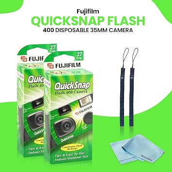 Fujifilm QuickSnap Flash 400 Disposable 35mm Camera 4 Pack 4 Hand Straps 2 BluebirdSales Microfiber Cloth, Green, 7033661