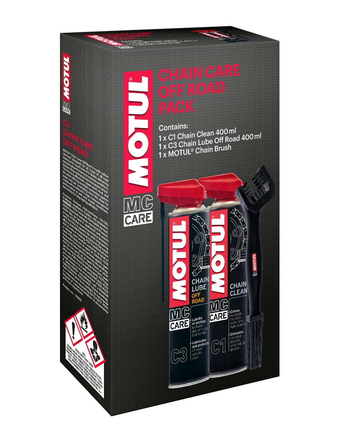 Motul - Kit d'entretien Chaîne Moto Tout-Terrain - Compatible O-Ring, X-Ring, Z-Ring - Nettoyant MC Care Chain Clean C1 400ml + Lubrifiant MC Care Chain Lube Off Road C3 400ml + Brosse Non Abrasive