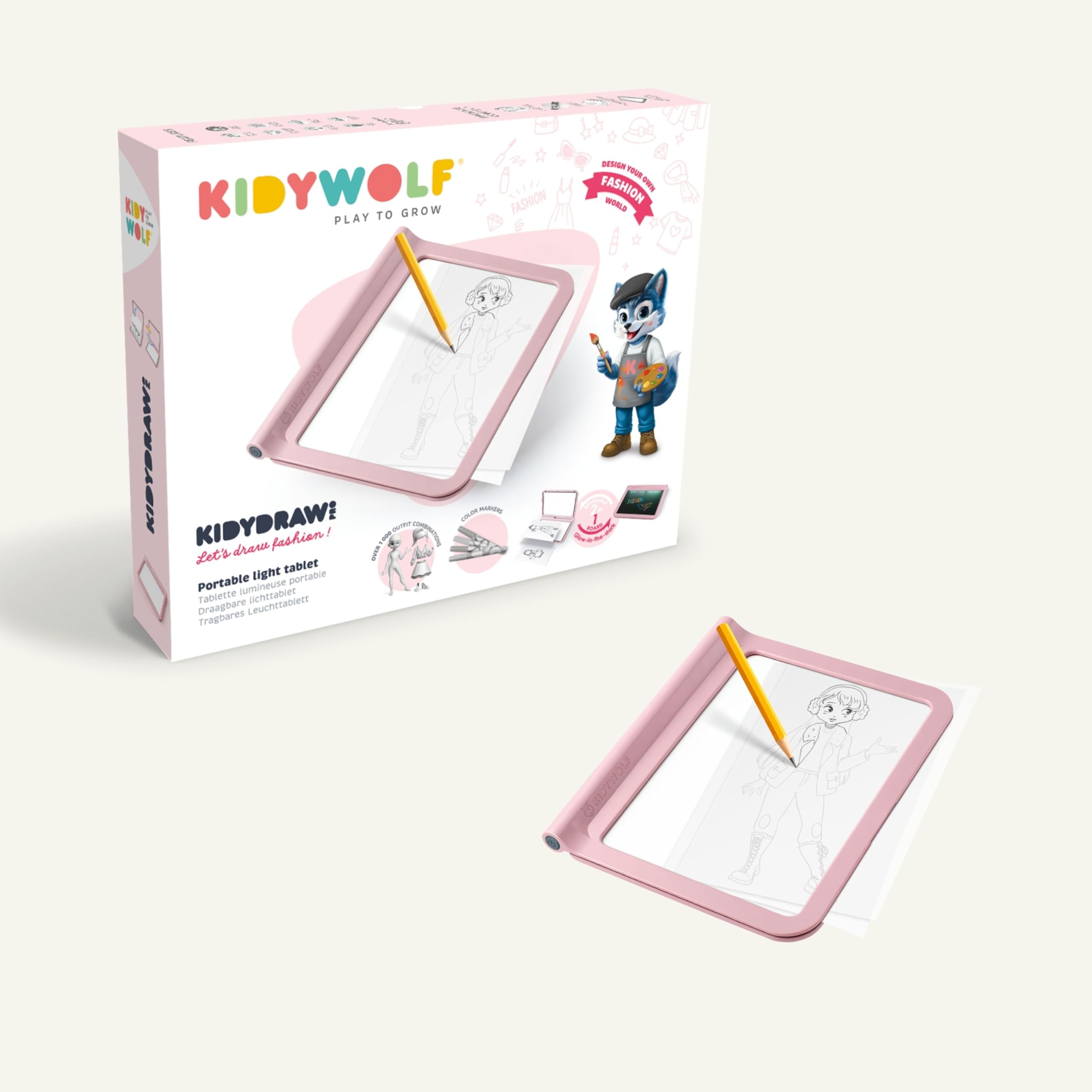 KIDYWOLF - KIDYDRAW PRO FASHION - Leuchttisch Kinder & Modedesign Set - LED Zeichentafel Wiederaufladbar - Maltafel für kleine Stylisten ab 5 J.