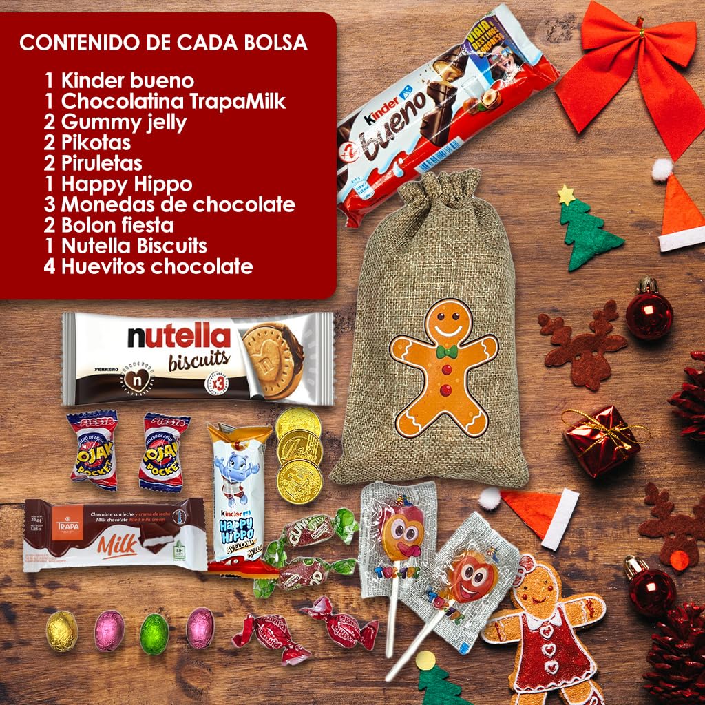IAMI Pack 8 Bolsas de Lino de Navidad Rellenas de Chocolate y Chuches